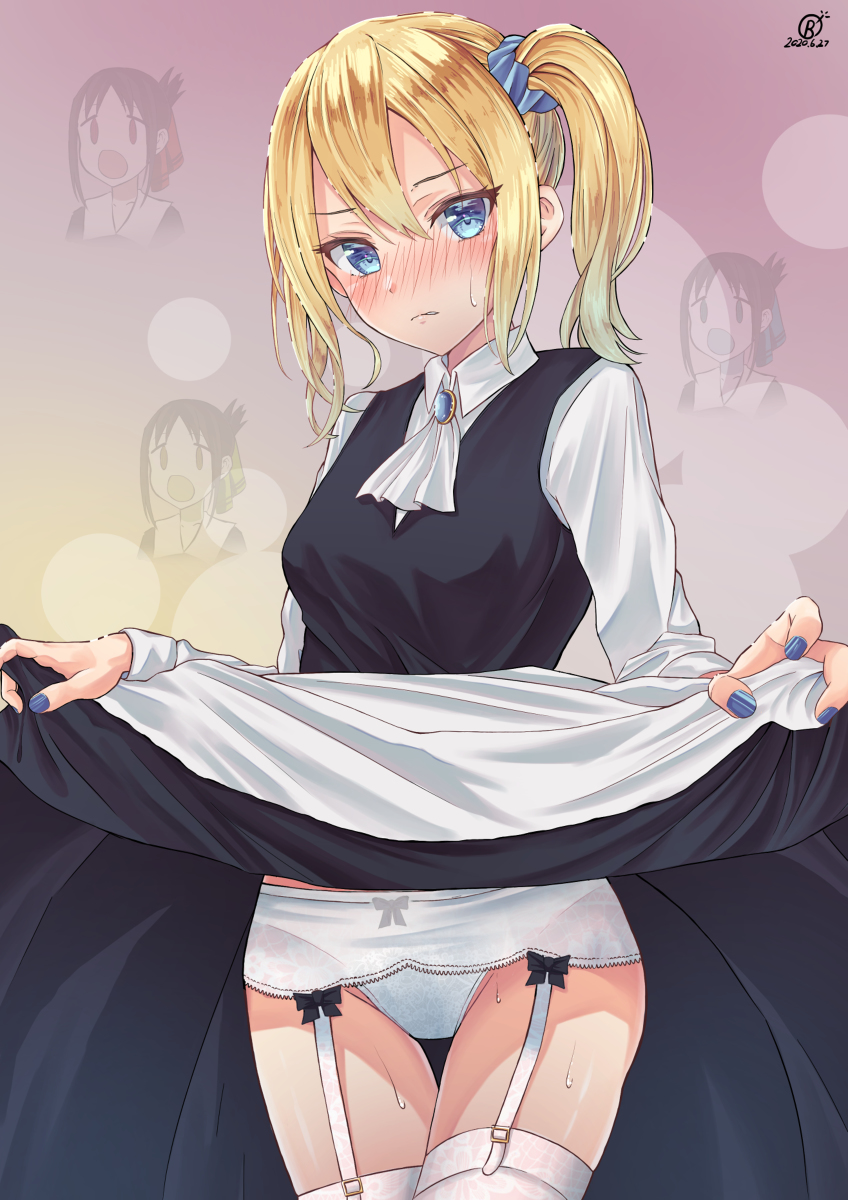 blonde hair, blue eyes, blush, embarrassed, female, hayasaka ai, highres, kaguya-sama wa kokurasetai ~tensai-tachi no renai zunousen~, lifted by self, long hair, maid, panties, skirt lift, underwear