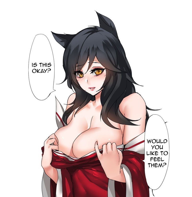 9_tails ahri animal_ear_fluff animal_ears animal_girl big_breasts black_hair breasts busty cleavage clothing color dialogue english_text eyelashes eyeliner eyeshadow facial_markings female fluffy fluffy_ears fluffy_tail fluffy_tails fox fox_ears fox_girl fox_tail furry_tail huge_breasts humanoid inner_ear_fluff kemonomimi kitsune large_breasts league_of_legends light-skinned_female light_skin long_hair multiple_tails nine_tailed_fox pale-skinned_female pale_skin pd riot_games tail text vastaya video_games yellow_eyes