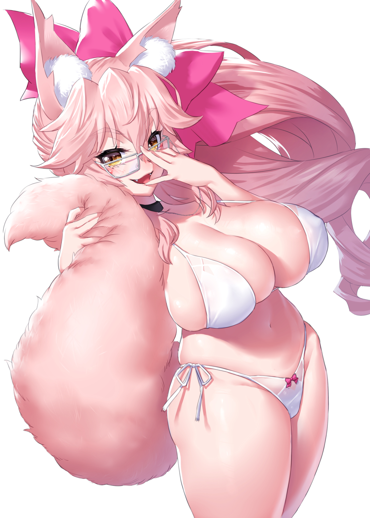 1girls, 2022, adjusting glasses, bikini, bow, bow in hair, breasts, cleavage, fangs, fate (series), fate/grand order, female, female only, fluffy ears, fluffy tail, fox ears, fox girl, fox tail, glasses, hips, huge breasts, kitsune, koyanskaya (assassin first ascension), koyanskaya (assassin), koyanskaya (fate), long hair, looking at viewer, naughty face, onsoku inu, pink fur, pink hair, side-tie bikini, simple background, slim waist, smile, tail, thick thighs, thighs, white background, white bikini, wide hips, yellow eyes