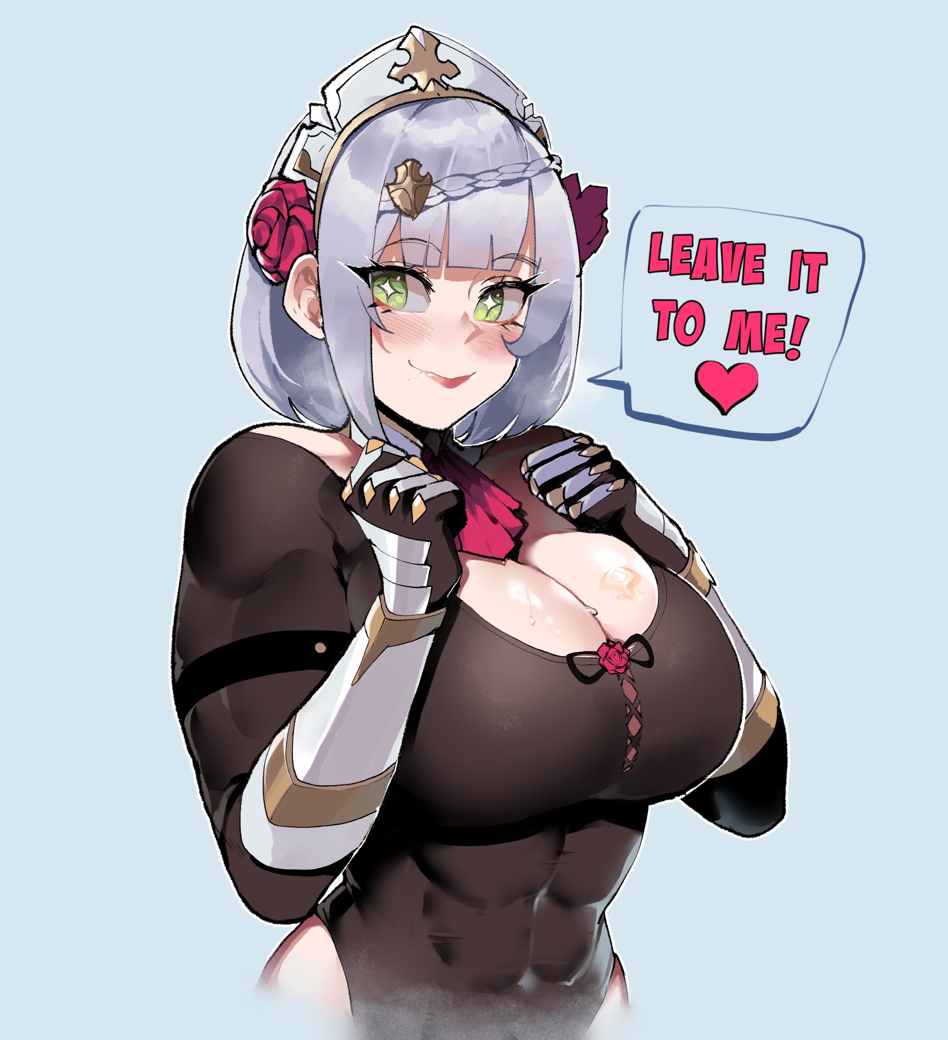 1girls, 2d, abs, big breasts, blush, branding mark, breasts, cleavage, female, female only, genshin impact, green eyes, grey hair, hilichurl mark, hilichurl tattoo, large breasts, light skin, light-skinned female, looking at viewer, muscular, muscular female, noelle (genshin impact), pale skin, pale-skinned female, pubic hair, pubic hair in mouth, short hair, solo, sweat, sweatdrop, sweating, sweating female, sweaty breasts, symbol-shaped pupils, thiccwithaq, thick, upper body, voluptuous