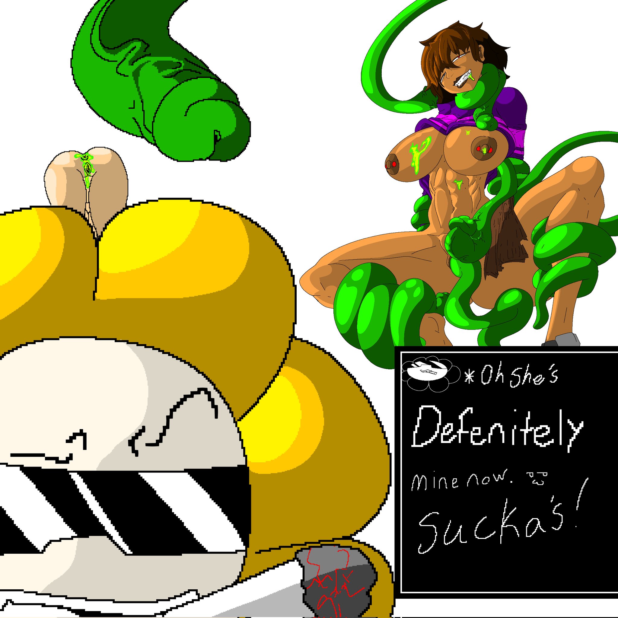 1boy, 2d, 2girls, artist request, brown hair, chara, dark skin, dark-skinned female, english text, female, female chara, female frisk, female human, female penetrated, flower, flowey the flower, frisk, hairless pussy, human, male, nipple piercing, nipples, piercing, plant, pussy, sex, straight, tagme, talking, tentacle, tentacle sex, tentacles, text, undertale, undertale (series), vine tentacles, vines, what, white background