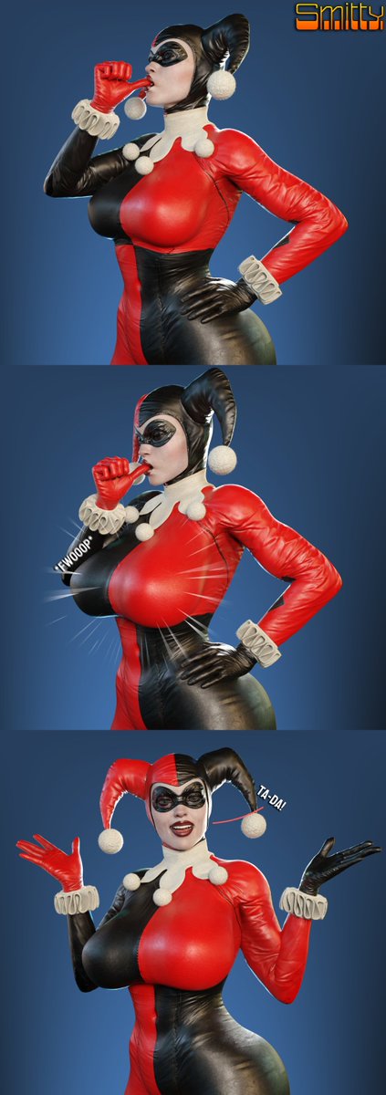 1girls, 3d, 3d (artwork), ass, batman (series), big breasts, blender, blue background, breast expansion, breast growth, breast growth (enlargement), breasts, dc, dc comics, female, female only, hands on breasts, harley quinn, harley quinn (classic), harley quinn (injustice), holding breast, injustice 2, large ass, large breasts, looking at viewer, makeup, simple background, smitty34, smug, smug face, solo, solo female, tagme, teasing, text