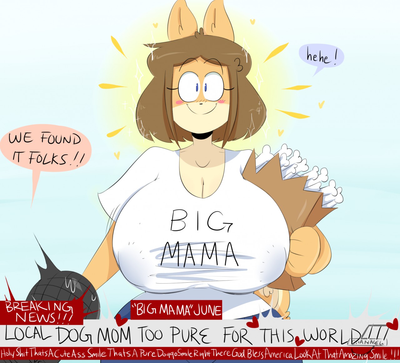 anthro, ass, big breasts, breasts, canine, cleavage, curvy body, curvy figure, cute face, dog girl, enormous breasts, female, filming, furry, huge breasts, jinu, june (jinu), large breasts, massive ass, massive breasts, massive butt, mother, news, nipples, nipples bulge, revealing breasts, revealing clothes, round breasts, smiley face