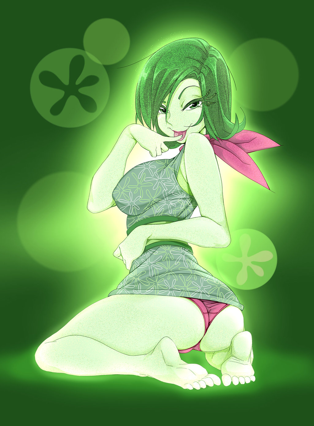 1girls, 2015, ass, aura, barefoot, bedroom eyes, big ass, big butt, boobs and butt pose, breasts, colored skin, disgust (inside out), disney, feet, female, finger in mouth, finger to mouth, full body, green eyes, green hair, green skin, inside out, kneeling, large breasts, looking at viewer, looking back, naughty face, nisego, panties, pink panties, pink scarf, pixar, scarf, short dress, thick thighs, toes, tongue, tongue out, underwear