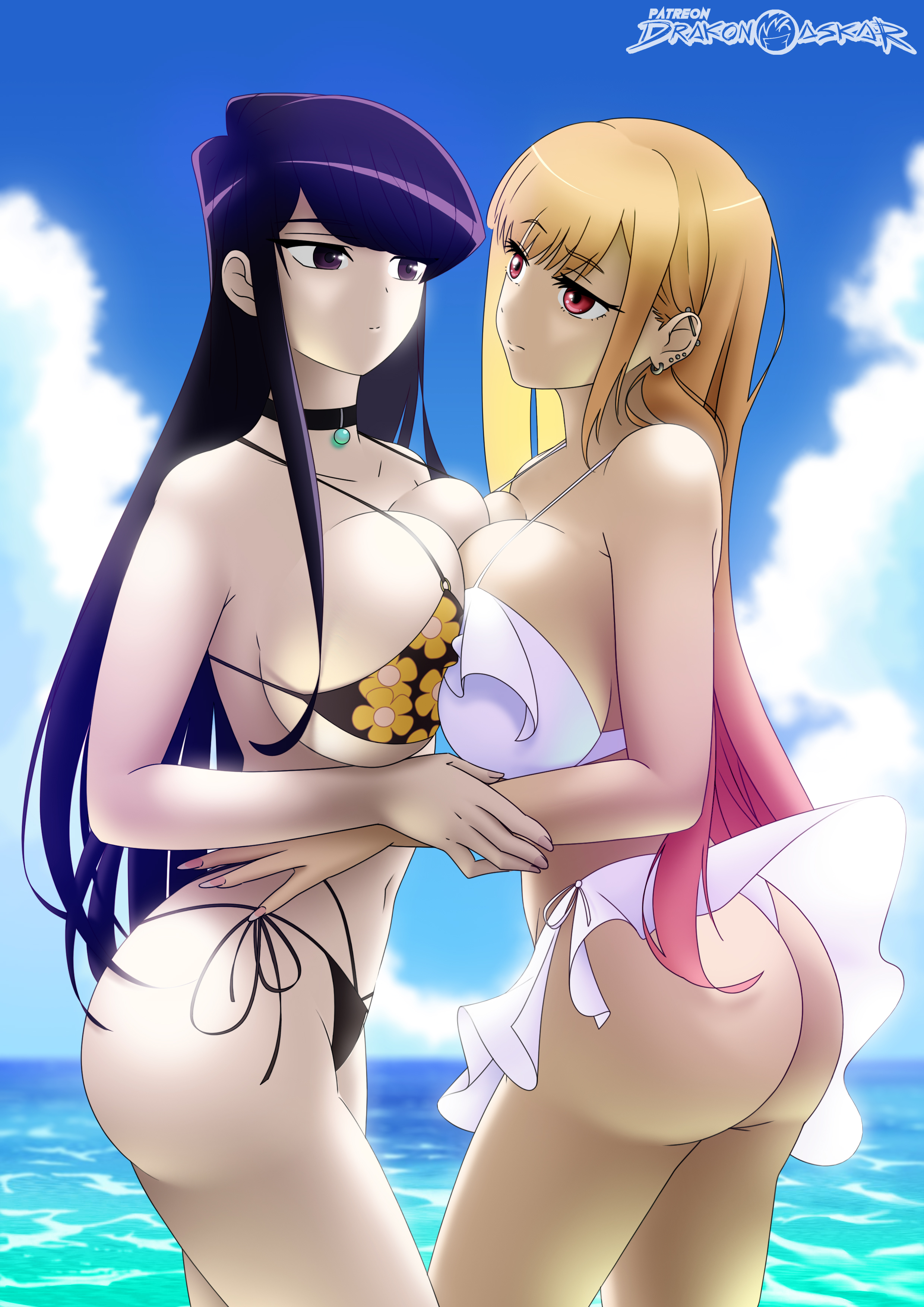 2girls, ass, beach, big ass, big breasts, big butt, bikini, black thong, blonde hair, breasts, choker, cosplay, crossover, drakonaskar, female, gyaru, kitagawa marin, kitagawa marin (cosplay), komi shouko, komi-san wa komyushou desu, long fingernails, sono bisque doll wa koi wo suru, summer, sunlight, swimsuit, thong, thong aside, white thong