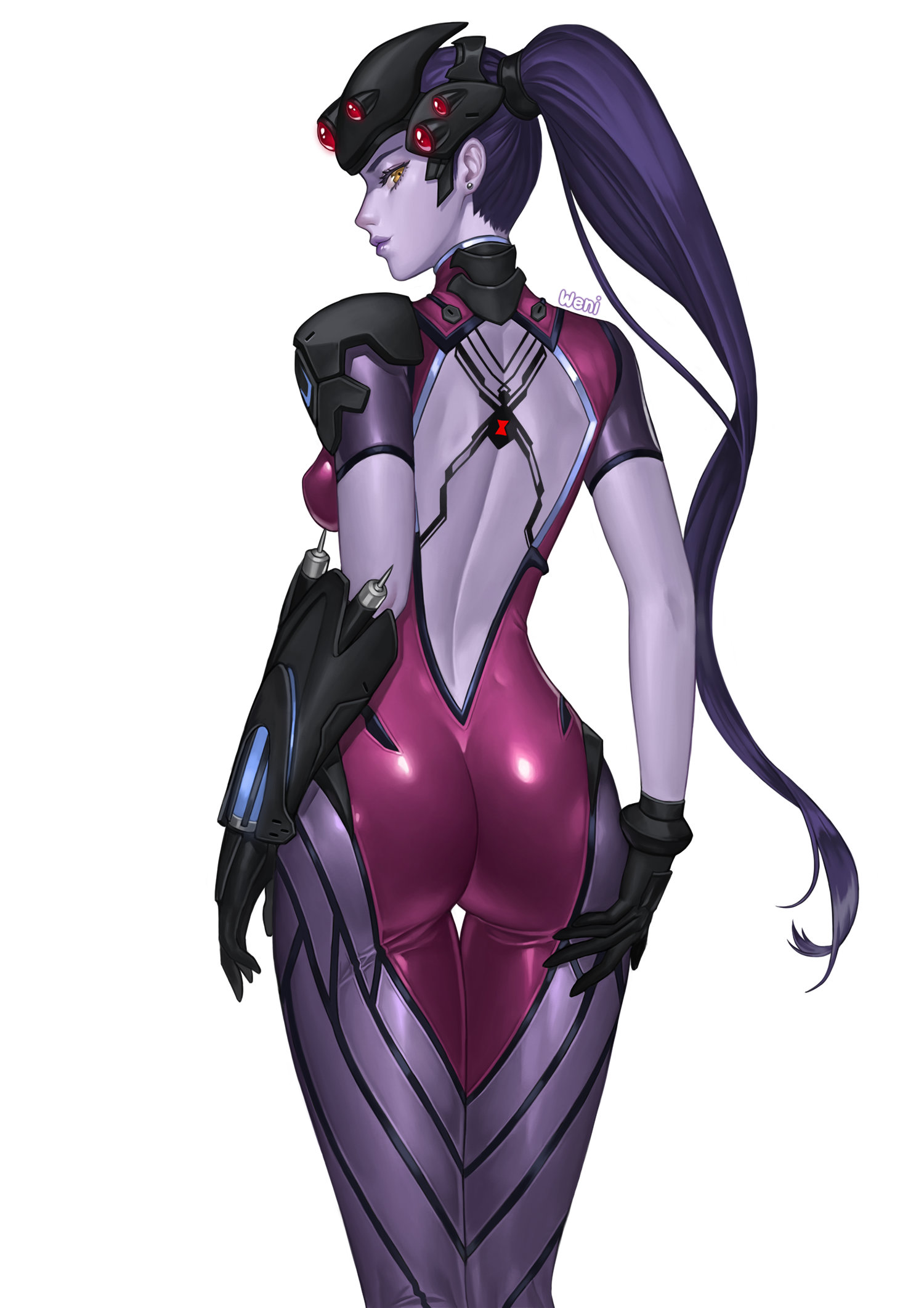 1girls, 2022, 2d, 2d (artwork), amber eyes, armwear, artist name, ass, ass focus, assassin, big ass, blizzard entertainment, clothed, clothed female, clothing, female, female only, gloves, headgear, human, human only, latex, latex suit, light skin, light-skinned female, long hair, looking at viewer, looking back, metahuman, overwatch, ponytail, purple body, purple skin, purple-skinned female, questionable, simple background, slight smile, solo, solo female, straight hair, technology, thick thighs, weni, white background, widowmaker, zero suit
