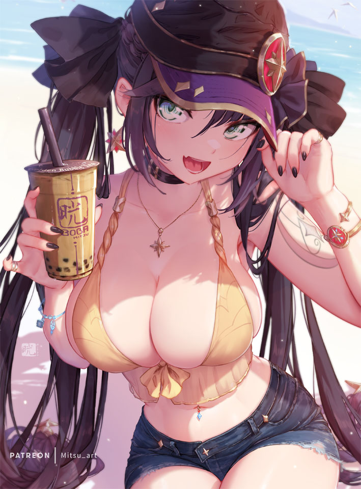 1girls, 2022, alternate breast size, alternate version available, beach, black hair, booty shorts, breasts, cleavage, drink, female, female only, genshin impact, green eyes, hat, holding object, huge breasts, jean shorts, long hair, looking at viewer, mitsu art, mona (genshin impact), necklace, outdoors, short shorts, shorts, smile