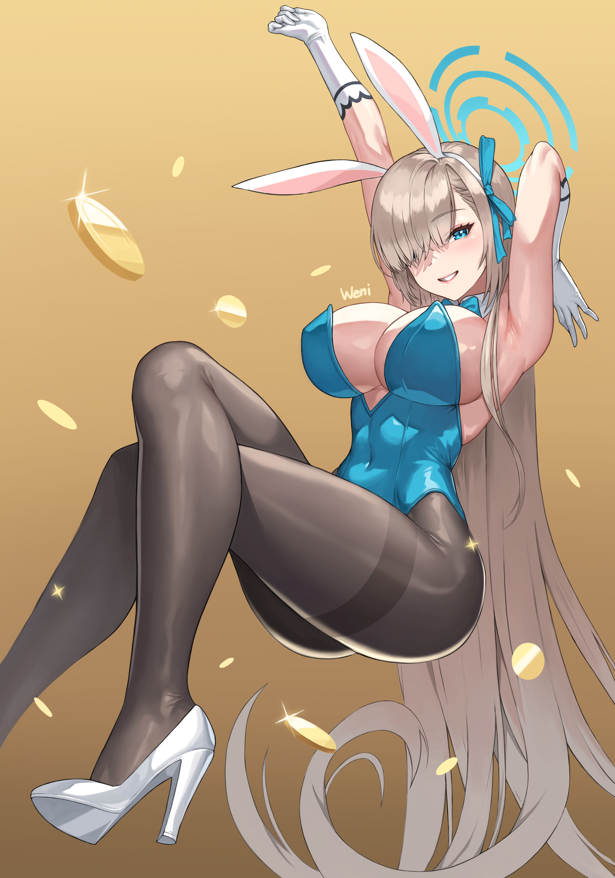 1girls, 2d, 2d (artwork), armpits, arms up, asuna (blue archive), asuna (bunny girl) (blue archive), asuna (bunny) (blue archive), blonde hair, blue archive, bunny ears, bunnysuit, female, female only, heels, high heels, light skin, light-skinned female, pantyhose, solo, sweat, thick thighs, tongue, tongue out, visible breath, weni