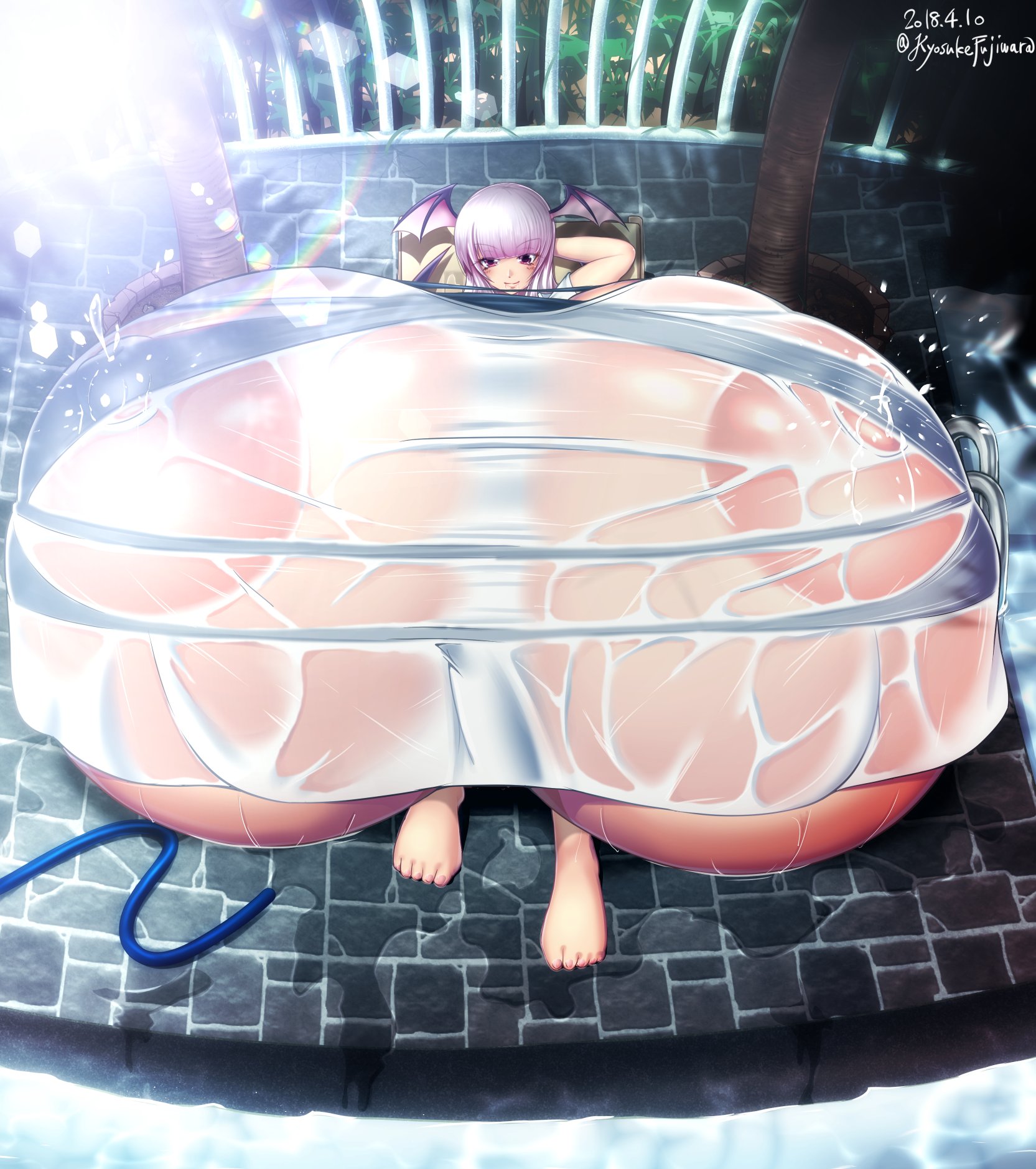 1girls, breasts, breasts bigger than body, breasts bigger than head, breasts bigger than torso, enormous breasts, female, gigantic breasts, huge breasts, hyper, hyper breasts, immobile, kyosuke fujiwara, lactation, large areolae, laying down, looking at viewer, massive breasts, overflowing breasts, pool, puffy nipples, see-through, short hair, smile, smug, tagme, too big, too big to move, water, water hose, wet, wings