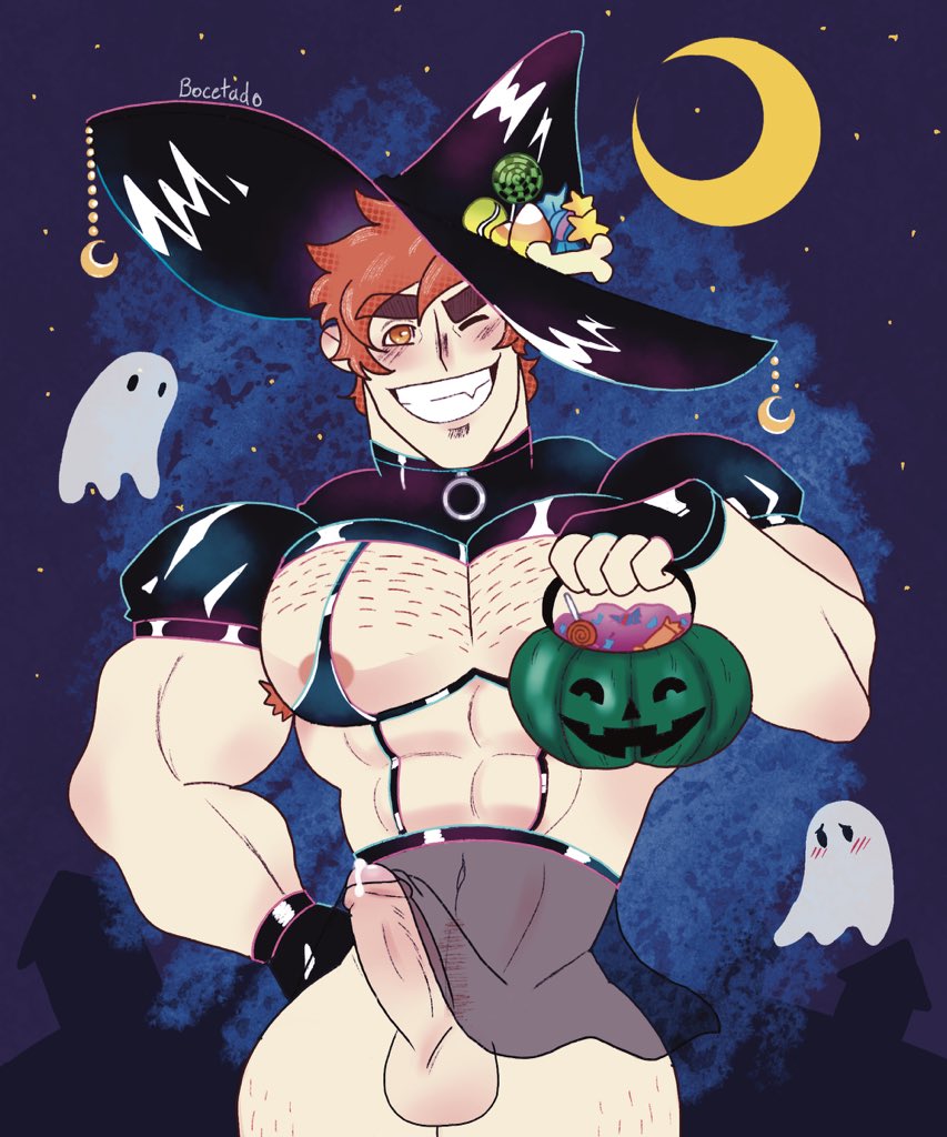 bocetado boner candy erect_penis erection ghosts hairy_chest halloween hard_on lucas_lupei_(bocetado) male_only moon muscles muscular muscular_male precum precum_drip solo_male twitter_user_oc uncut witch_costume witch_hat