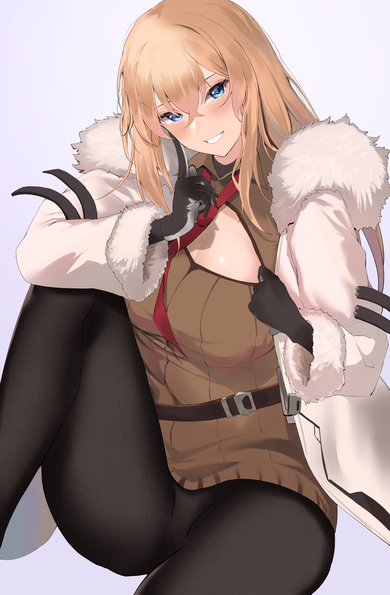blonde hair, blue eyes, breasts, female, girls' frontline, large breasts, mosin-nagant (girls' frontline), naughty smile, necktie, pantyhose, sweater dress, white coat, zngsmd