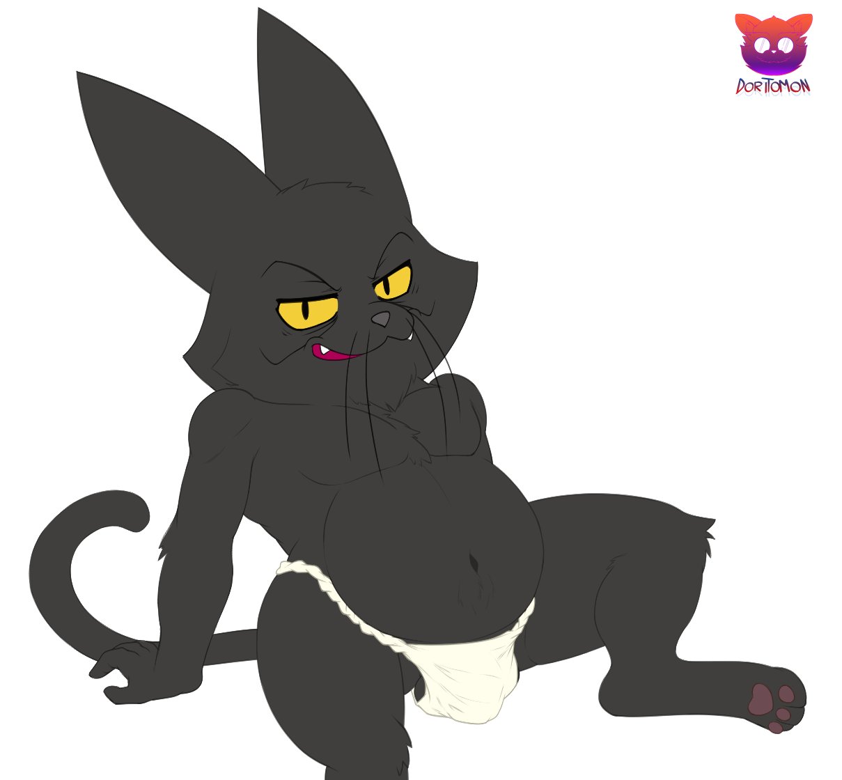 anthro asian_clothing black_body black_fur cartoon_network clothing domestic_cat doritomon east_asian_clothing felid feline felis fundoshi fur japanese_clothing male mammal mao_mao:_heroes_of_pure_heart mature_male navel shin_mao sitting slightly_chubby solo underwear yellow_eyes