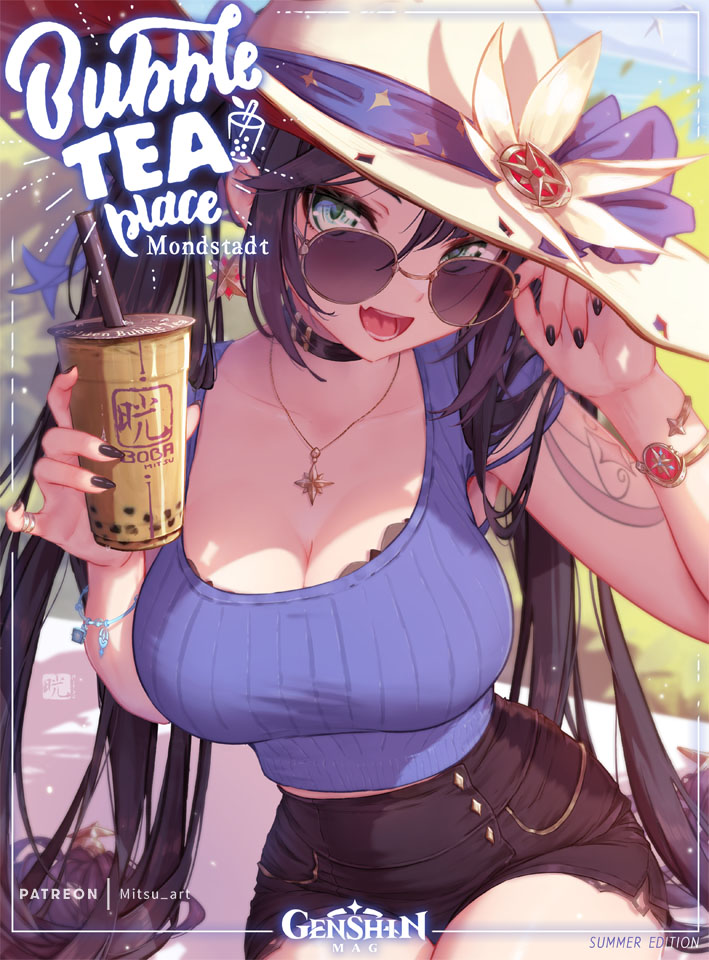1girls, 2022, adjusting eyewear, adjusting glasses, adjusting sunglasses, alternate breast size, beach, black hair, booty shorts, breasts, cleavage, drink, female, female only, genshin impact, green eyes, hat, holding object, huge breasts, large hat, long hair, looking at viewer, looking over eyewear, looking over glasses, looking over sunglasses, mitsu art, mona (genshin impact), necklace, outdoors, short shorts, shorts, smile, sun hat, sunglasses, tinted eyewear