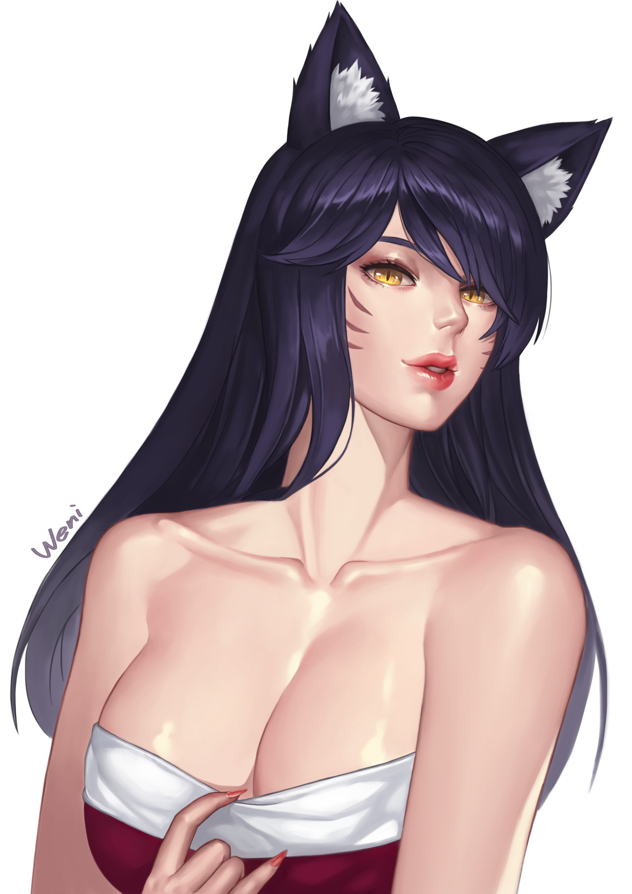 1girls, ahri, big breasts, breasts, cleavage, female, female only, fox ears, league of legends, light skin, light-skinned female, looking at viewer, solo, weni