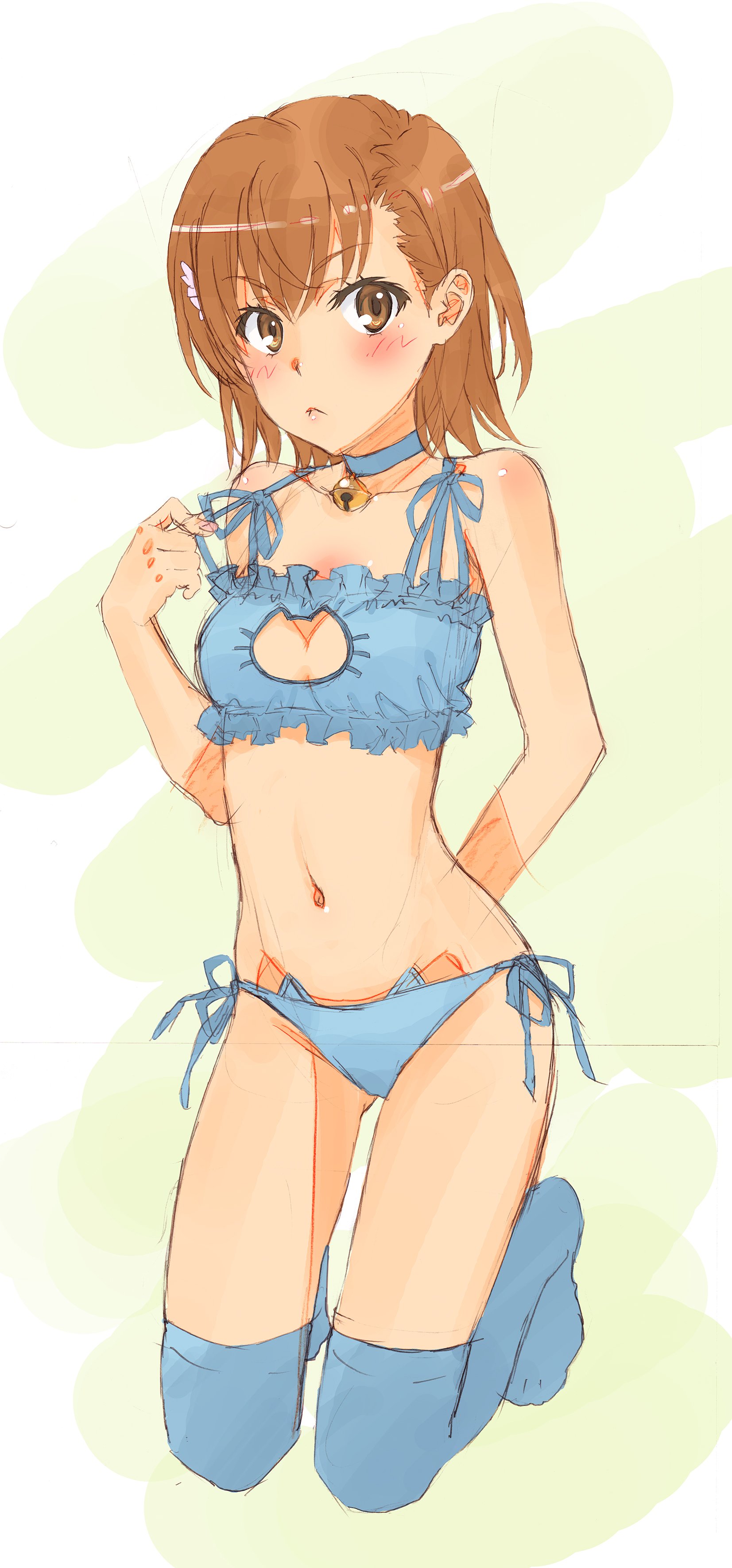 10s, 1girls, 2016, absurd res, ass visible through thighs, bare shoulders, bare thighs, bell, blue lingerie, blue panties, blue socks, blush, breasts, brown eyes, brown hair, brunette, cat cutout, cat ear panties, cat keyhole bra, cat lingerie, cleavage, cleavage cutout, clothing cutout, collar, collarbone, embarrassed, female, flower, full body, hair flower, hair ornament, hi res, hips, jingle bell, kneeling, lingerie, looking away, meme attire, misaka mikoto, navel, neck bell, official art, panties, schoolgirl, short hair, side-tie panties, simple background, small breasts, socks, solo, tanaka yuuichi, teenage female, teenager, thigh socks, thighhighs, thighs, to aru kagaku no railgun, to aru majutsu no index, toes, underwear, young