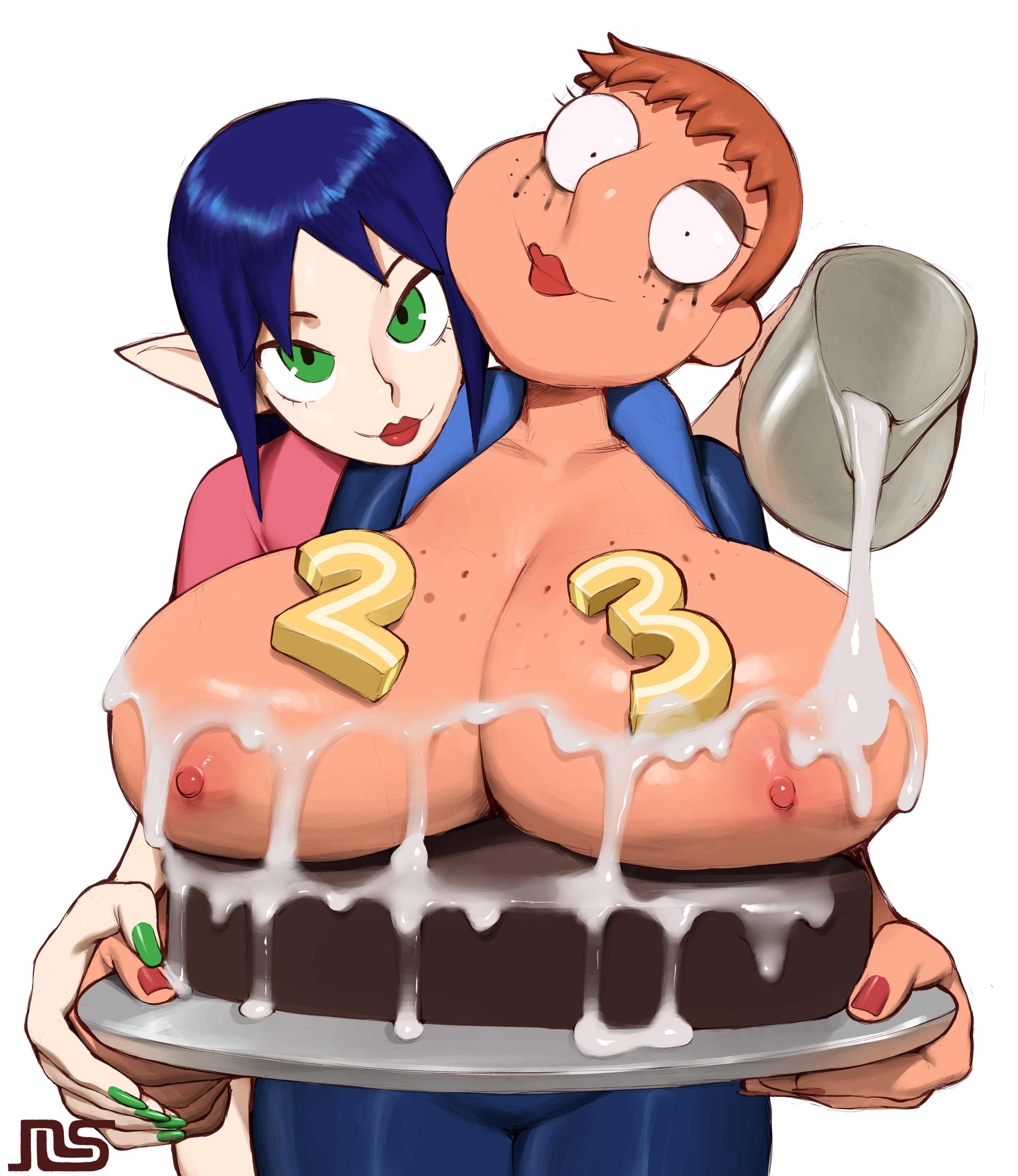2girls, areola, areolae, big breasts, birthday cake, blue hair, bombchu lady, breasts, breasts out, cake, cleavage, clothed, crazy, dark eyeshadow, family guy, female, female focus, female only, fingernails, gigantic breasts, green eyes, green nails, huge breasts, icing, jennifer (family guy), large breasts, lewdcactus, light skin, light-skinned female, nail polish, namespace, nipples, ocarina of time, orange hair, partially clothed, red hair, red lips, red lipstick, red nails, running makeup, running mascara, runny makeup, the legend of zelda