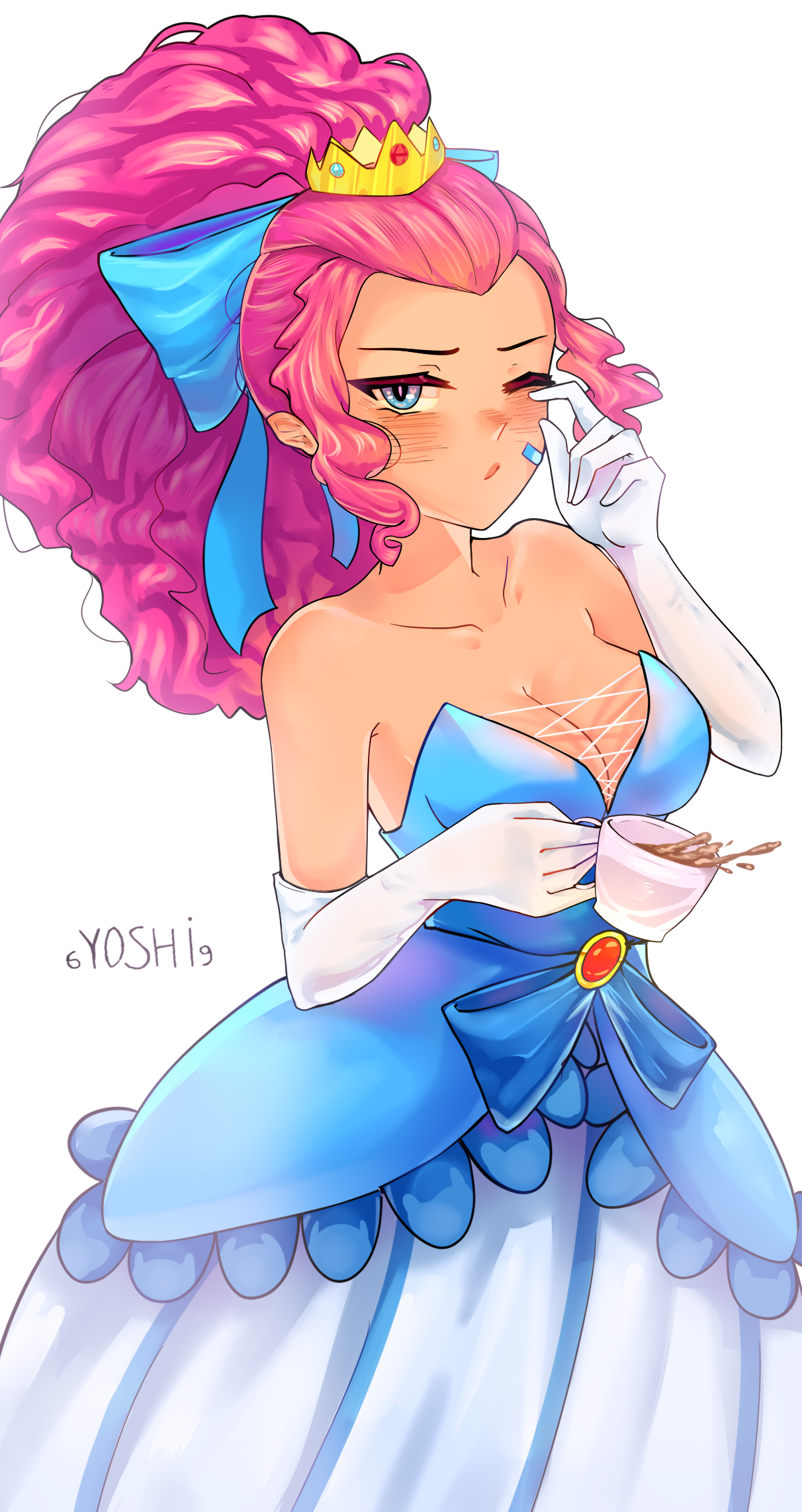 :o, 1girls, 6yoshi9, beverage, big hair, blue eyes, blush, brawl stars, cleavage, crown, elbow gloves, female, one eye closed, pink hair, ponytail, princess shelly, shelly (brawl stars), solo, supercell, tea, teacup, white background
