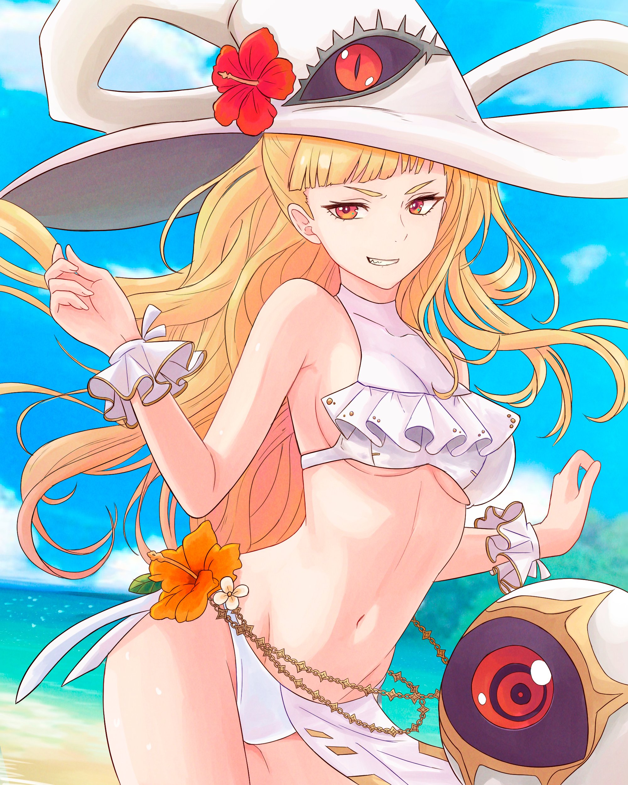 1girls, absurdres, alternate costume, beach, bikini, blonde hair, breasts, eitri (fire emblem), female, female only, fire emblem, fire emblem heroes, flower, frilled bikini, frills, grin, hat, highres, long hair, navel, nintendo, ocean, orange eyes, outdoors, smile, solo, swimsuit, truejekart, underboob, white bikini