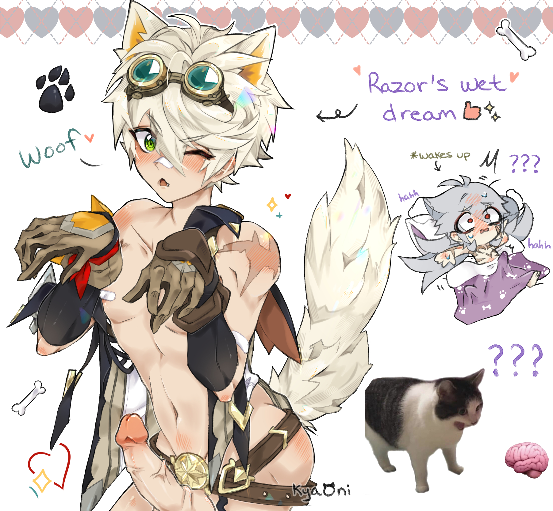 2boys, bandage, bennett (genshin impact), blush, bone, boner, dog ears, dog tail, dogboy, dream, ear, erect penis, fluffy ears, fluffy tail, furry, genshin impact, gloves, googles, green eyes, grey hair, heart, male, male only, naked, one eye closed, penis, presenting, razor (genshin impact), red eyes, tail, white hair