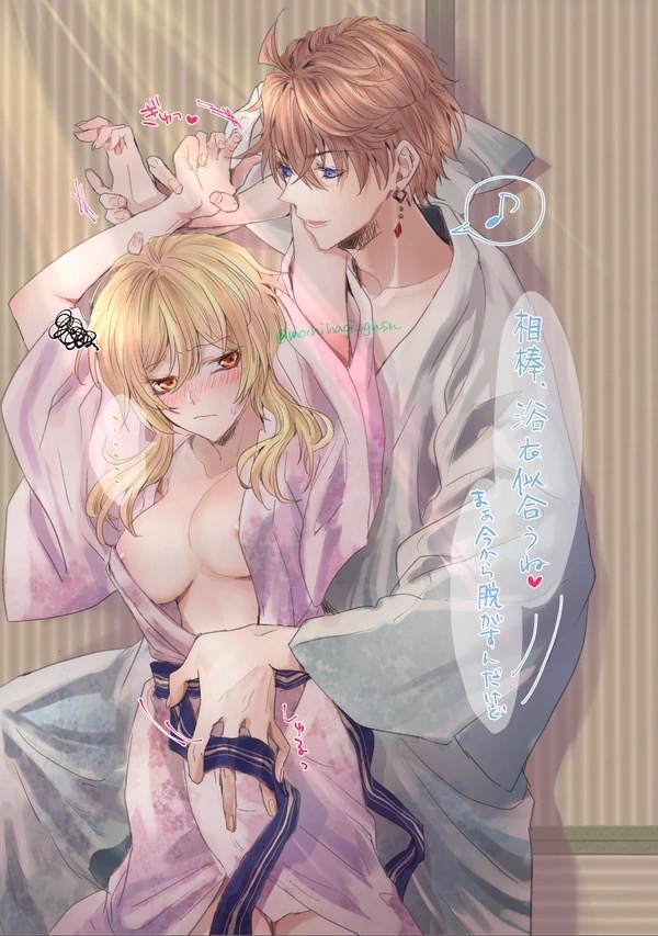 1boy 1boy1girl 1girls arms_up blonde_hair blue_eyes blush breasts childe_(genshin_impact) earrings exposed_breasts fanon_couple female genshin_impact ginger ginger_hair gold_eyes holding_wrists hoyoverse imminent_sex japanese_text lumine_(genshin_impact) male male/female mihoyo mochihagi_gusu_(artist) nipples petite removing_clothing robe straight tartaglia_(genshin_impact) translation_request