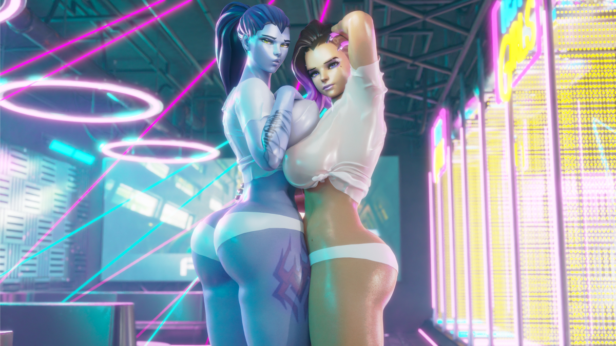 2girls, 3d, ass, asymmetrical docking, asymmetrical hair, big ass, big breasts, blizzard entertainment, breasts, clothed, dark skin, dark-skinned female, dliquad, female, female only, latina, looking at viewer, overwatch, panties, purple hair, purple skin, sombra, thick thighs, thong, thong panties, wet clothes, wet shirt, widowmaker