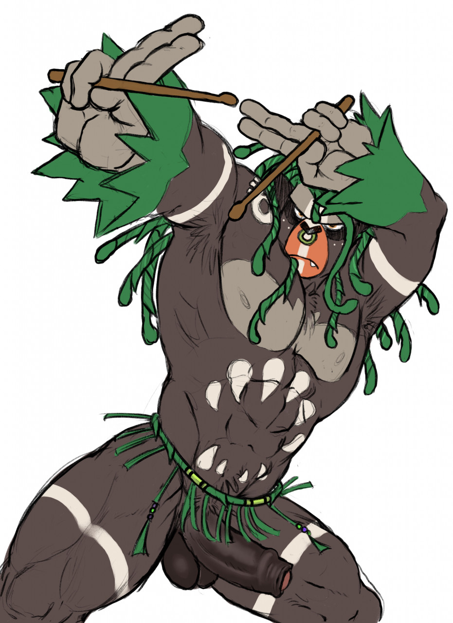 facial_piercing foreskin fur fur_markings genitals hi_res male male_only markings muscular muscular_male nintendo nose_piercing penis piercing pokémon_(species) pokemon pokemon_(species) rillaboom solo tribal tush uncircumcised video_games
