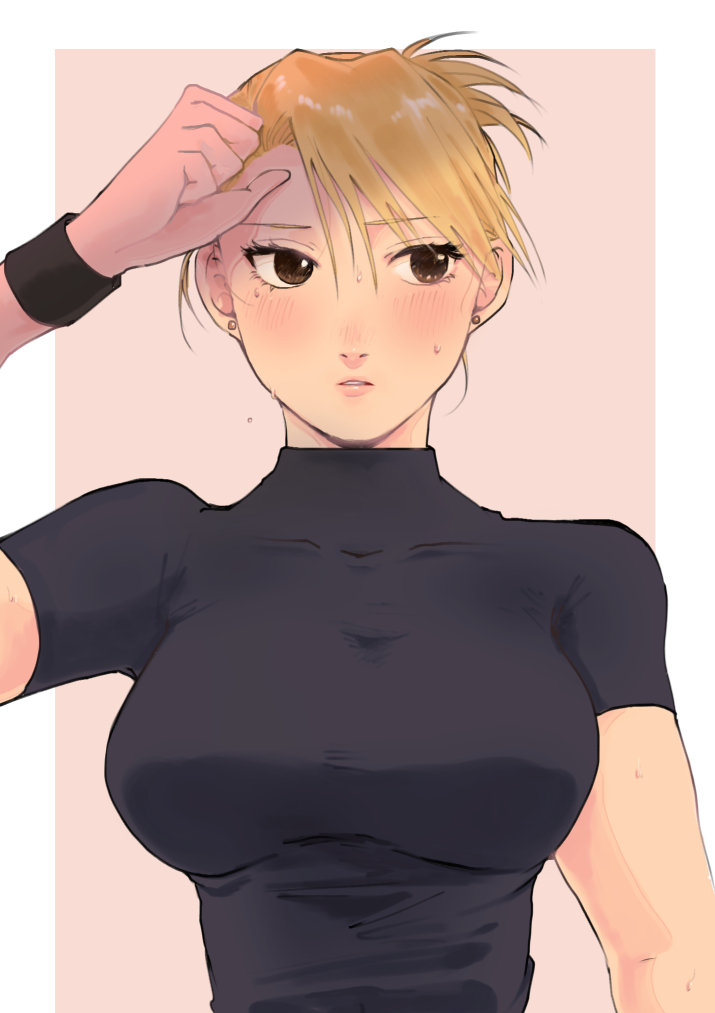 1girls big_breasts blonde_hair blonde_hair_female blush blushing breasts brown_eyes female fullmetal_alchemist fully_clothed jellymlk large_breasts military riza_hawkeye solo sweat sweating sweaty tomboy