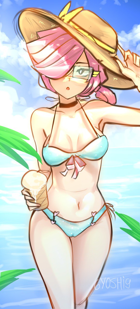 1girls 6yoshi9 bikini brawl_stars breasts cleavage colette_(brawl_stars) female_focus glasses hair_over_one_eye navel navigator_colette pink_hair scouter sun_hat swimsuit thighs tinted_eyewear visor