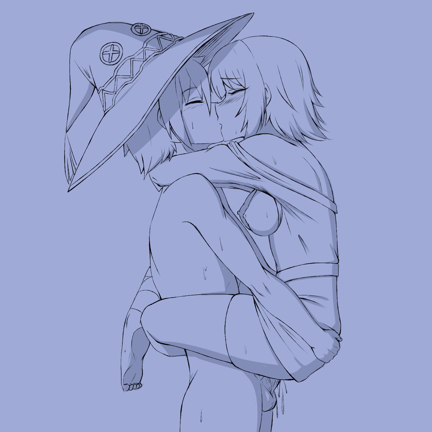 female, hugging, kai-too, kissing, kono subarashii sekai ni shukufuku wo!, megumin, monochrome, satou kazuma, sex, standing sex