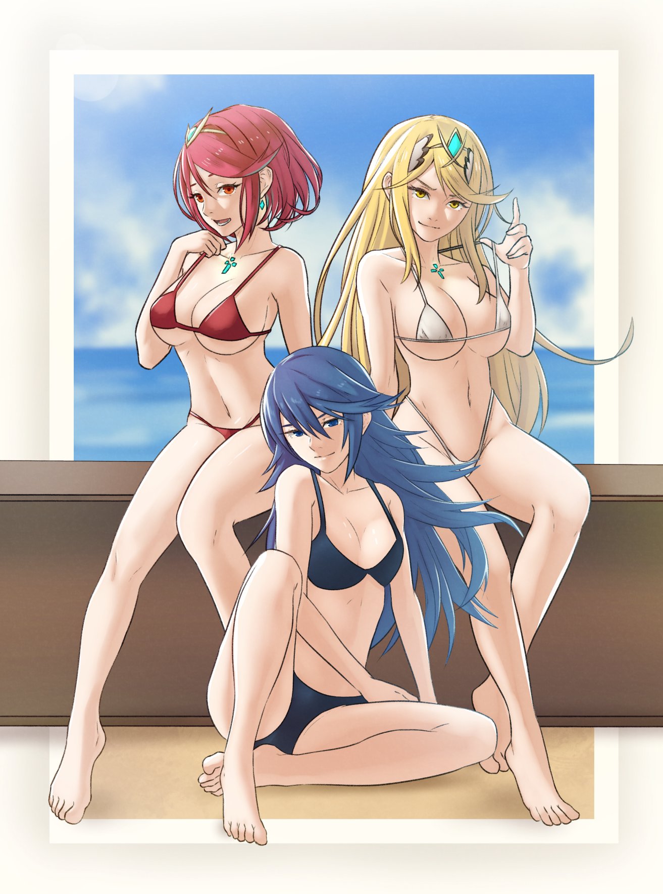 3girls, adjusting clothes, alternate costume, bangs, bare legs, bare midriff, bare shoulders, barefoot, bikini, blonde female, blonde hair, blue bikini, blue eyes, blue hair, blue swimsuit, breasts, chest jewel, cleavage, closed mouth, collarbone, crossover, earrings, female, female only, fire emblem, fire emblem awakening, full body, hair between eyes, hair ornament, highres, large breasts, legs, long hair, looking at viewer, lucina (fire emblem), medium breasts, midriff, multiple females, multiple girls, mythra, navel, nintendo, open mouth, pomelomelon, pyra, red bikini, red eyes, red hair, red swimsuit, seductive, seductive smile, short hair, sideboob, sitting, small breasts, smile, smirk, smug, super smash bros., swept bangs, swimsuit, symbol-shaped pupils, thighs, underboob, very long hair, white bikini, white swimsuit, xenoblade (series), xenoblade chronicles (series), xenoblade chronicles 2, yellow eyes, yellow hair