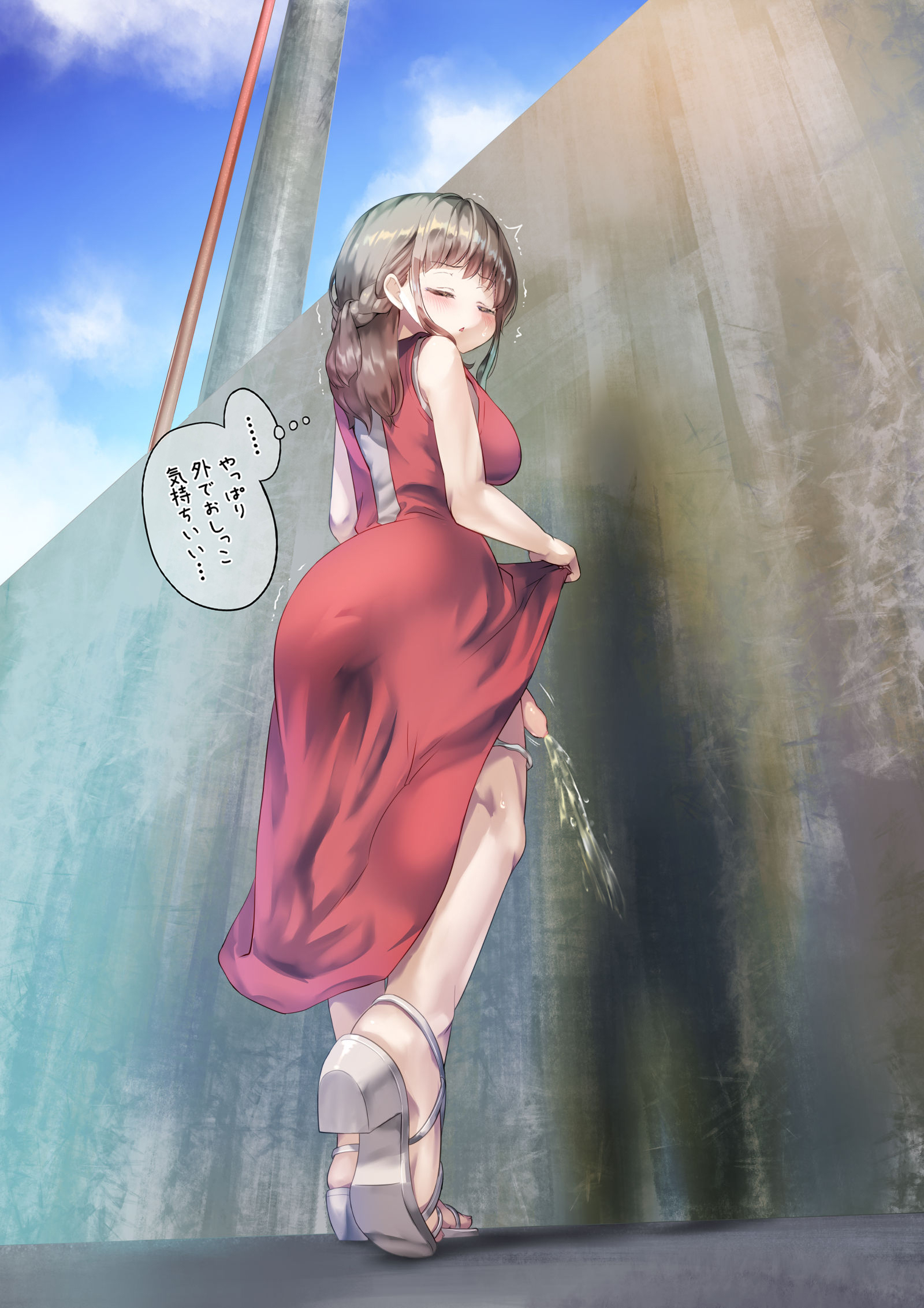 1futa, ayanakitori, back, back view, bottomless, breasts, clothed, clothing, decensored, dialogue, dickgirl, dress lift, futa only, futanari, high heels, human, intersex, japanese text, light skin, light-skinned futa, looking at viewer, low-angle view, mostly clothed, panties down, peeing, peeing on wall, penis, penis out, penis under clothes, penis under skirt, public, public exposure, skirt, skirt lift, solo, standing, text, translated, uncensored