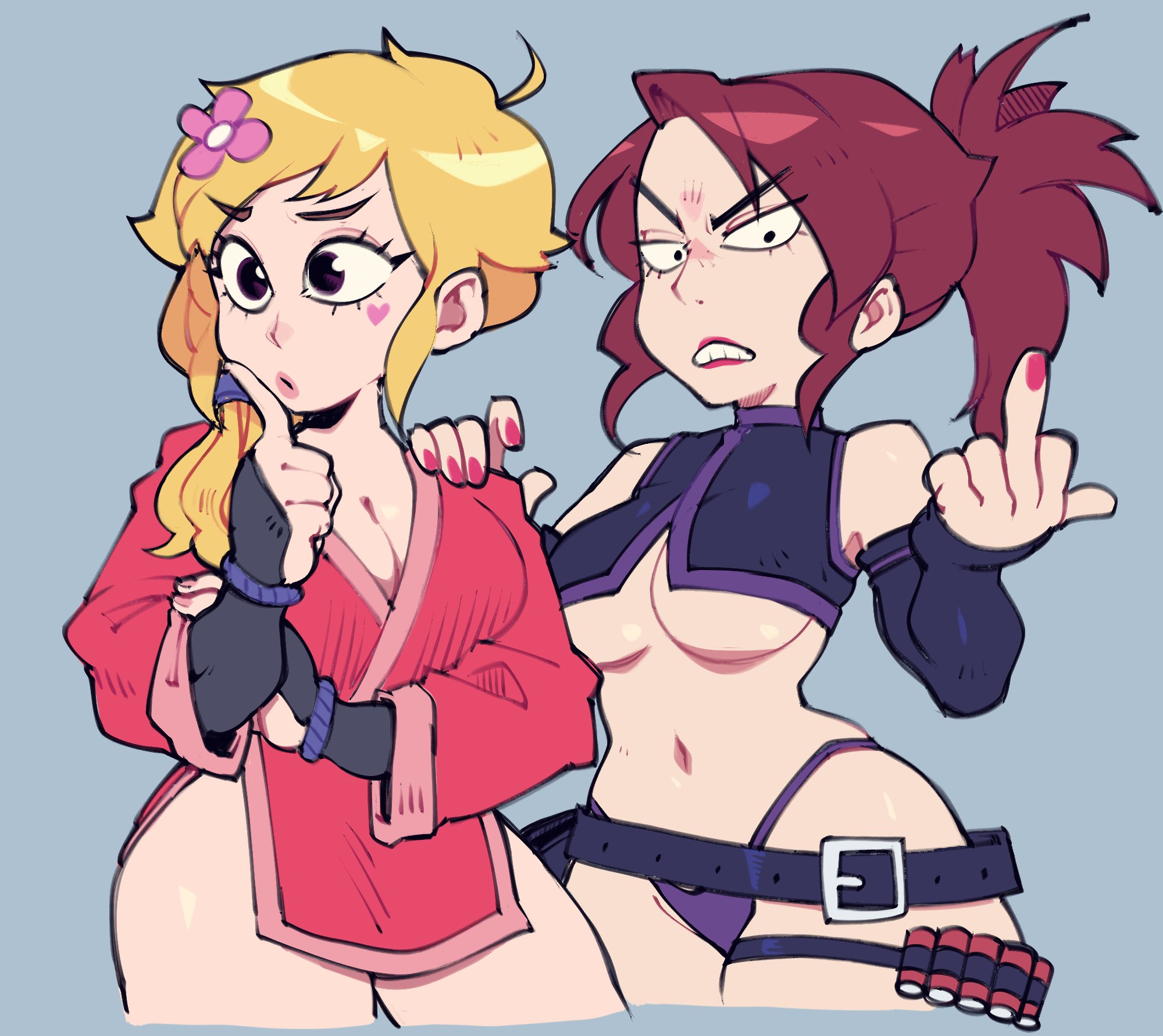 2girls, angry, angry face, big breasts, blonde hair, breasts, confused, female, female only, flipping off, flipping viewer off, middle finger, mimiko (sbgw), multiple females, multiple girls, ponytail, red hair, sakura (sbgw), speedosausage, super booby greasy warriors, underboob
