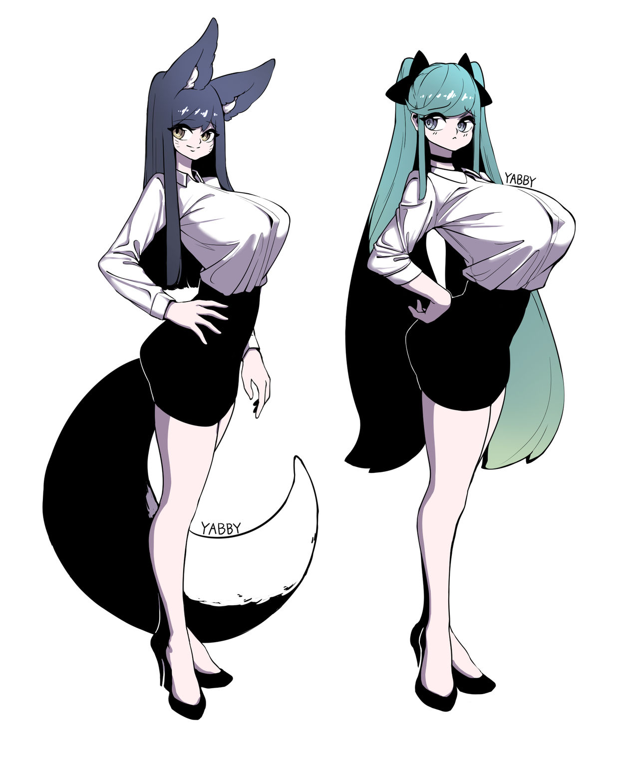 2girls, ahri, animal ears, ass, ass in dress, big ass ears, big breasts, blouse, breasts, button gap, female, female only, heels, huge breasts, league of legends, long hair, multicolored hair, office clothing, office lady, shirt, skirt, smile, sona buvelle, tail, tight clothing, white background, yabby