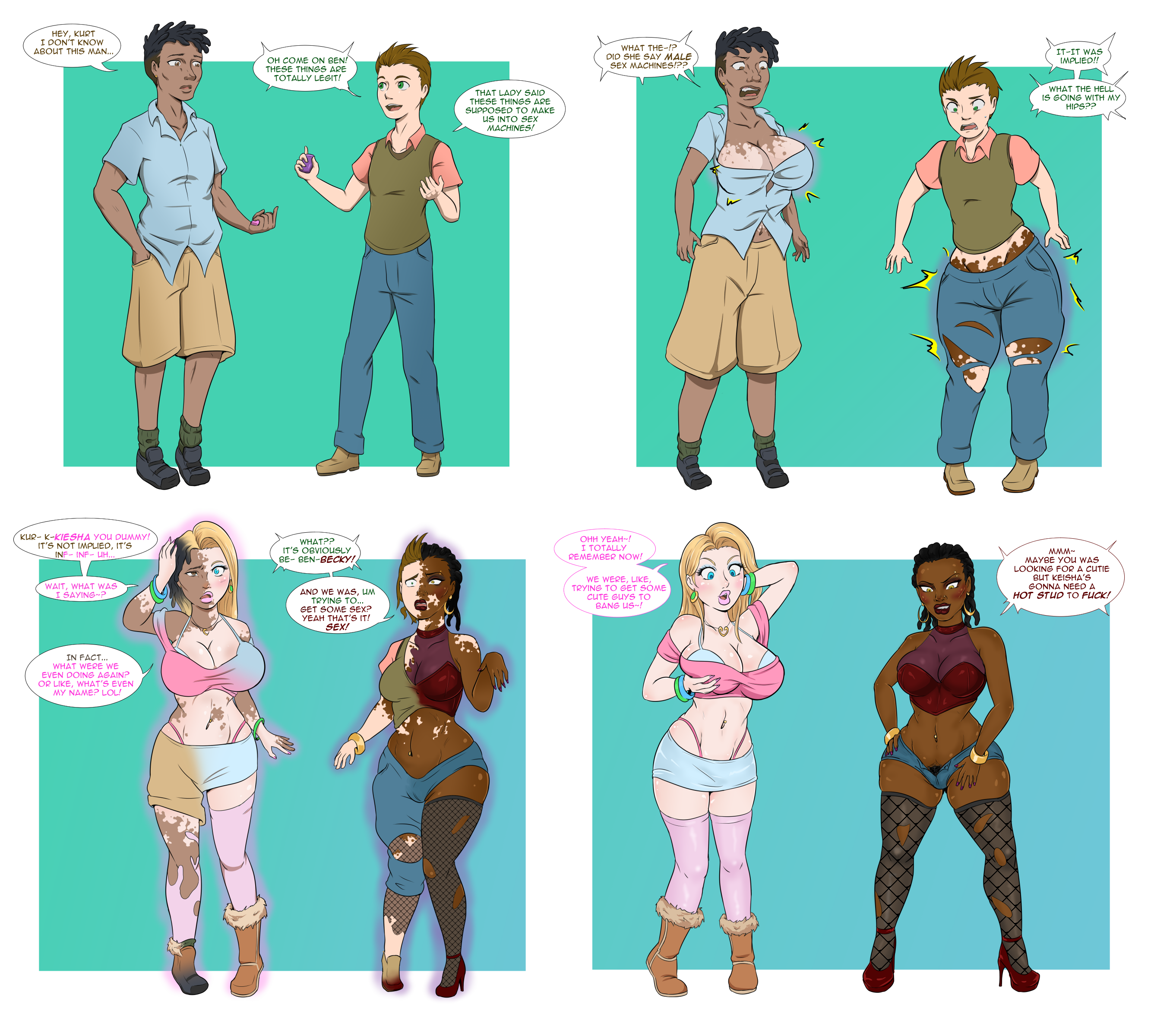 2girls, ass, ass expansion, bimbo, bimbofication, blackification, breast expansion, breast growth, breast growth (enlargement), breasts, dark skin, dark-skinned female, diggerman, ebonization, english text, eye color change, female, gender transformation, hair color change, hair growth, high heels, huge ass, huge breasts, identity death, lip expansion, mtf transformation, multiple females, multiple girls, navel, pubic hair, race swap, skin color change, speech bubble, text, thick thighs, thigh expansion, transformation, wide hips