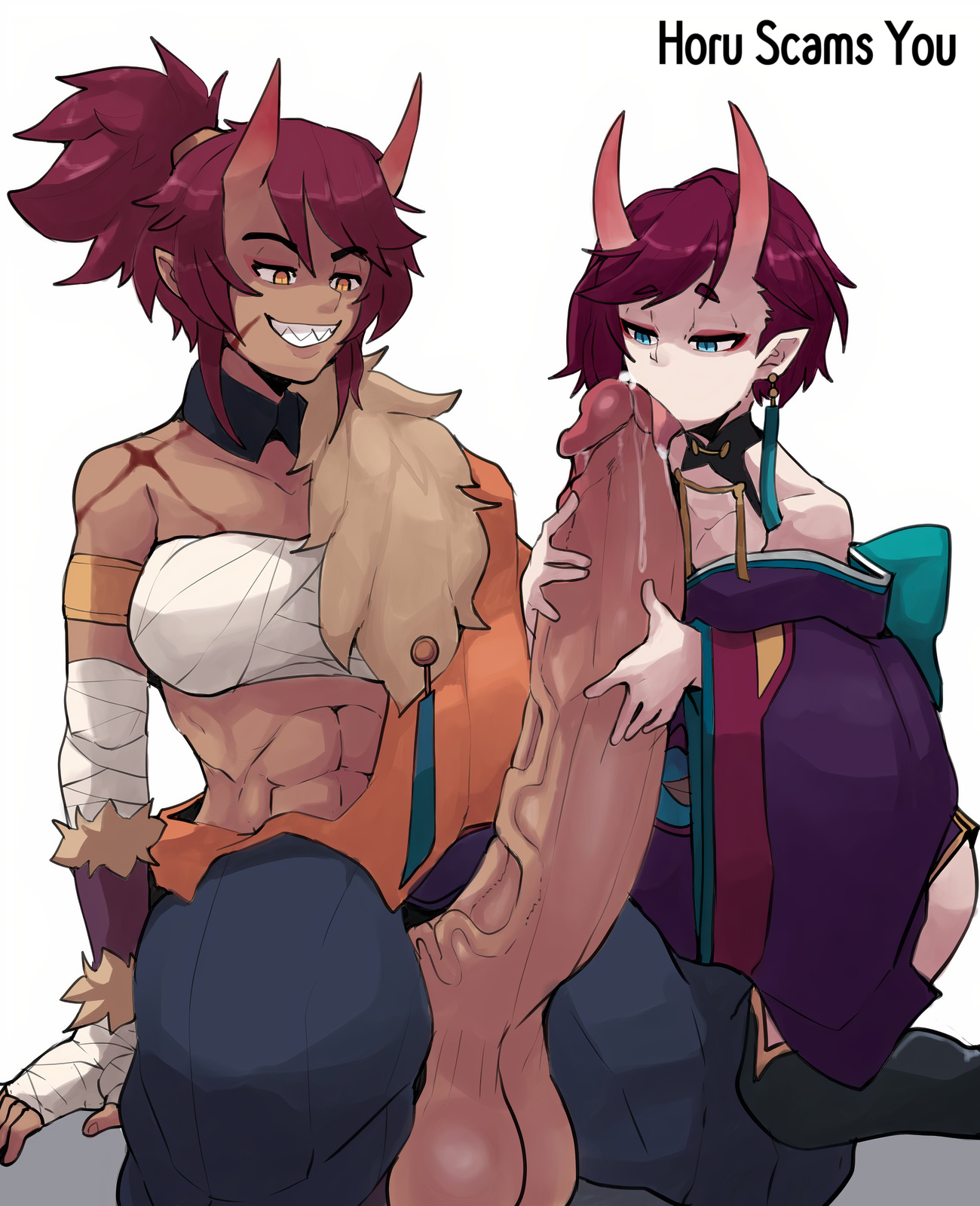 1futa, 1girls, abs, balls, blowjob, blue eyes, clothed, clothed female, clothing, dark skin, dark-skinned futa, dickgirl, dickgirl/female, duo, erect penis, erection, fellatio, female, fur trim, futa on female, futanari, hands on penis, holding penis, horned humanoid, horns, horu, huge cock, humanoid, humanoid penis, intersex, japanese clothes, japanese clothing, kneeling, licking penis, light skin, light-skinned female, mostly clothed, on knees, oral, oral sex, orange eyes, penis, penis out, pointed ears, pointy ears, ponytail, precum, precum string, red hair, sarashi, scar, scared, scars, sex, sharp teeth, short hair, simple background, smile, smiling, testicles, tongue, tube top, tubetop, veiny, veiny penis, white background, yellow eyes