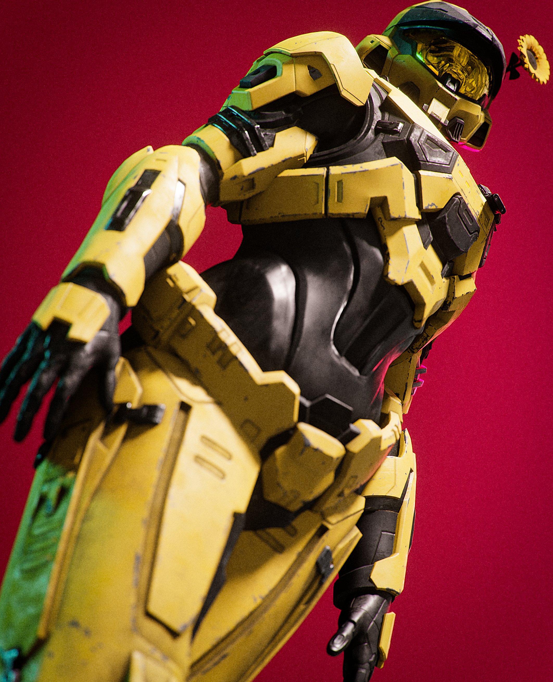 1girls, 2022, 3d, armor, ass, breasts, female, female spartan (halo), flower, halo (game), halo (series), helmet, human, llamasarepink, looking at viewer, looking down, looking down at viewer, low-angle view, microsoft, no artist signature, skin tight, small waist, solo, spartan (halo), sunflower, xbox