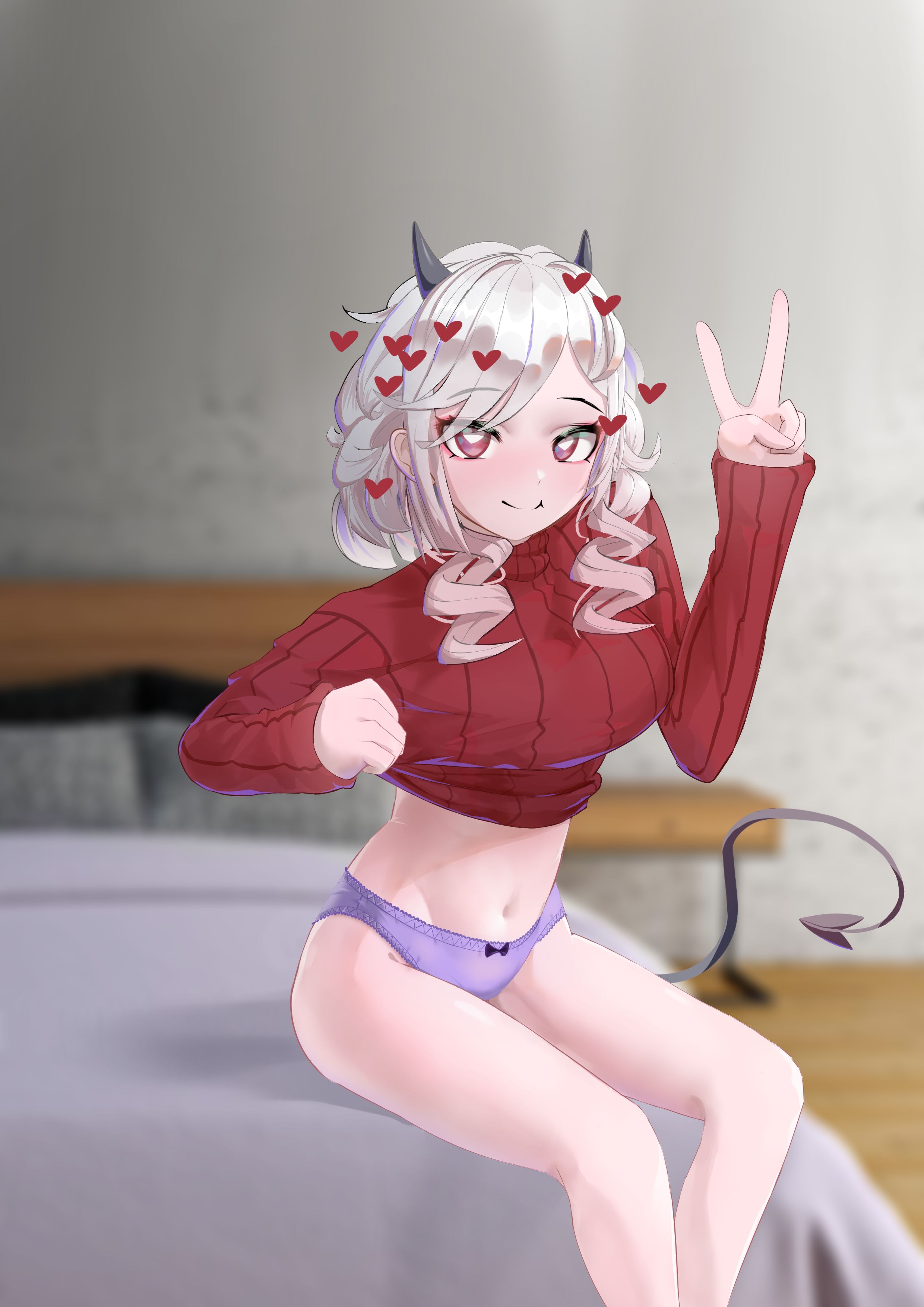 1girls, adorable, cute, female, female only, helltaker, light skin, light-skinned female, modeus (helltaker), red eyes, sitting on bed, smile, smiling, smiling at viewer, solo, solo female, straight hair, tagme, white hair