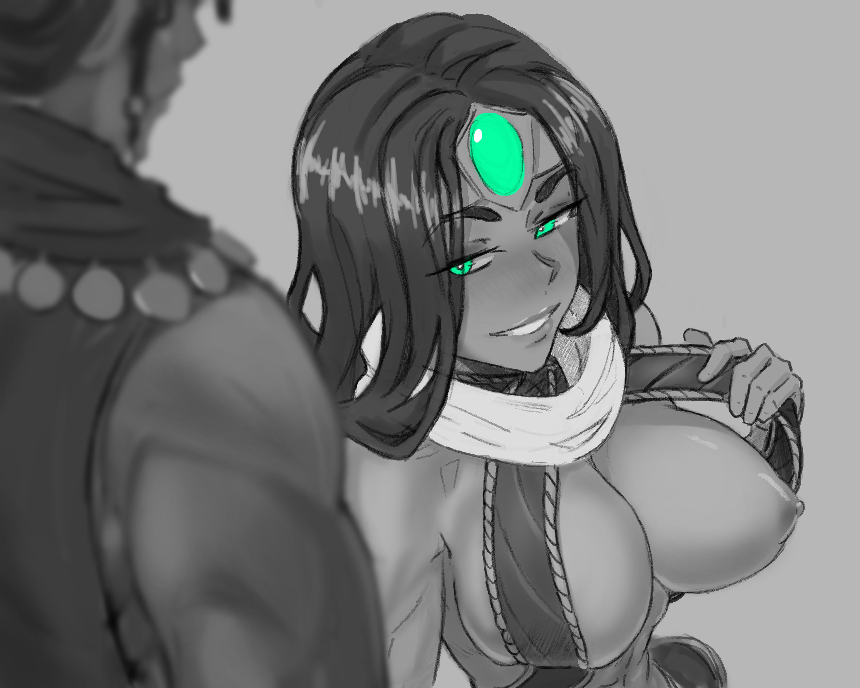 1boy, 1girls, big breasts, blush, breasts, crown, dark hair, dark skin, dark-skinned female, female, flashing, flashing breasts, green eyes, greyscale, human, jingzydraws, league of legends, long hair, male, nipples, scarf, sivir, sketch, smile, smiling, suggestive, suggestive look