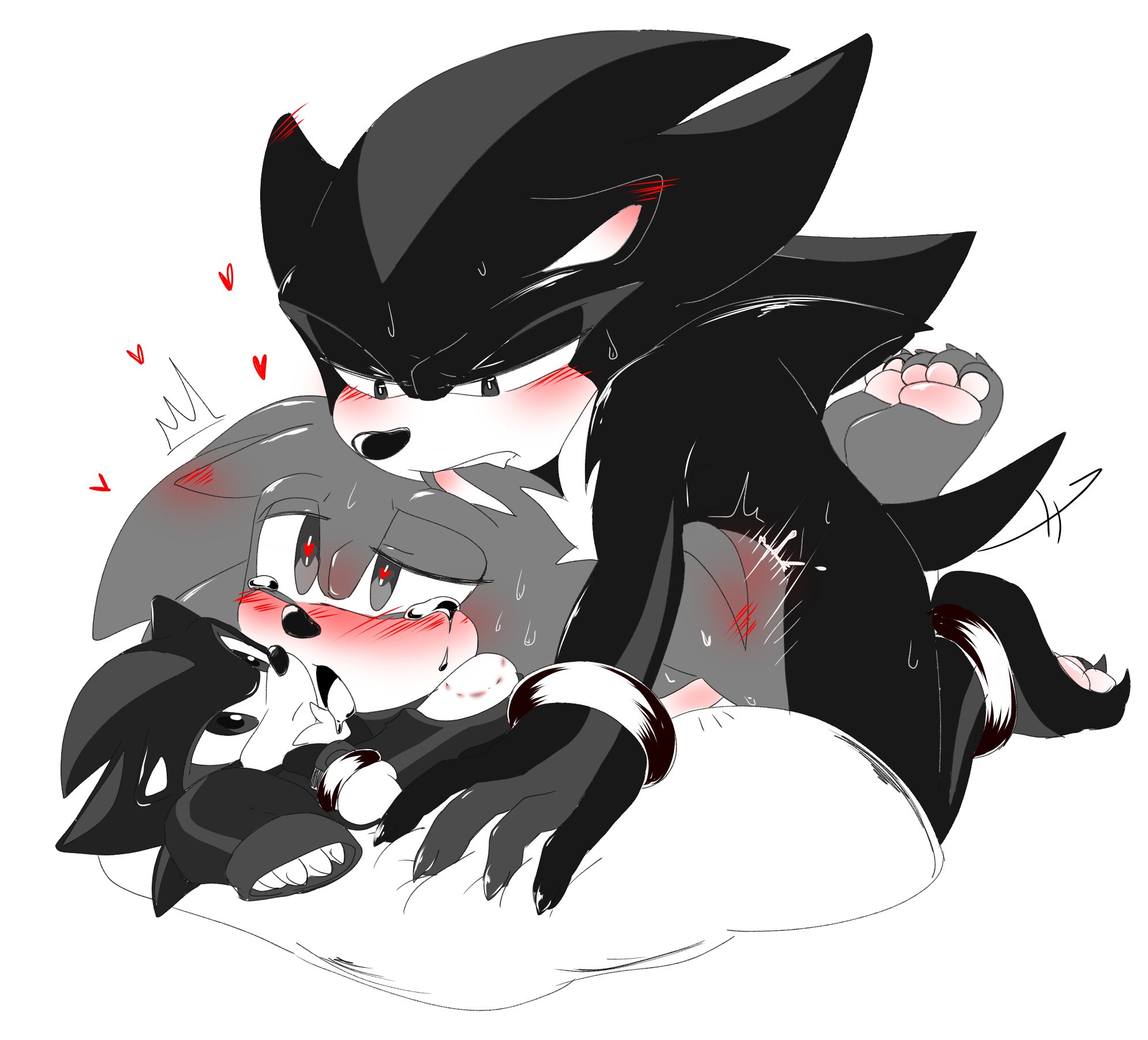 2boys, ahe gao, anal sex, anthro, anthro only, bite mark, blush, gay, gay sex, heart-shaped pupils, male, male only, monochrome, no humans, open mouth, pawpads, paws, sex, shadow the hedgehog, sonadow, sonic (series), sonic the hedgehog, tears, teeth, tongue, yaoi