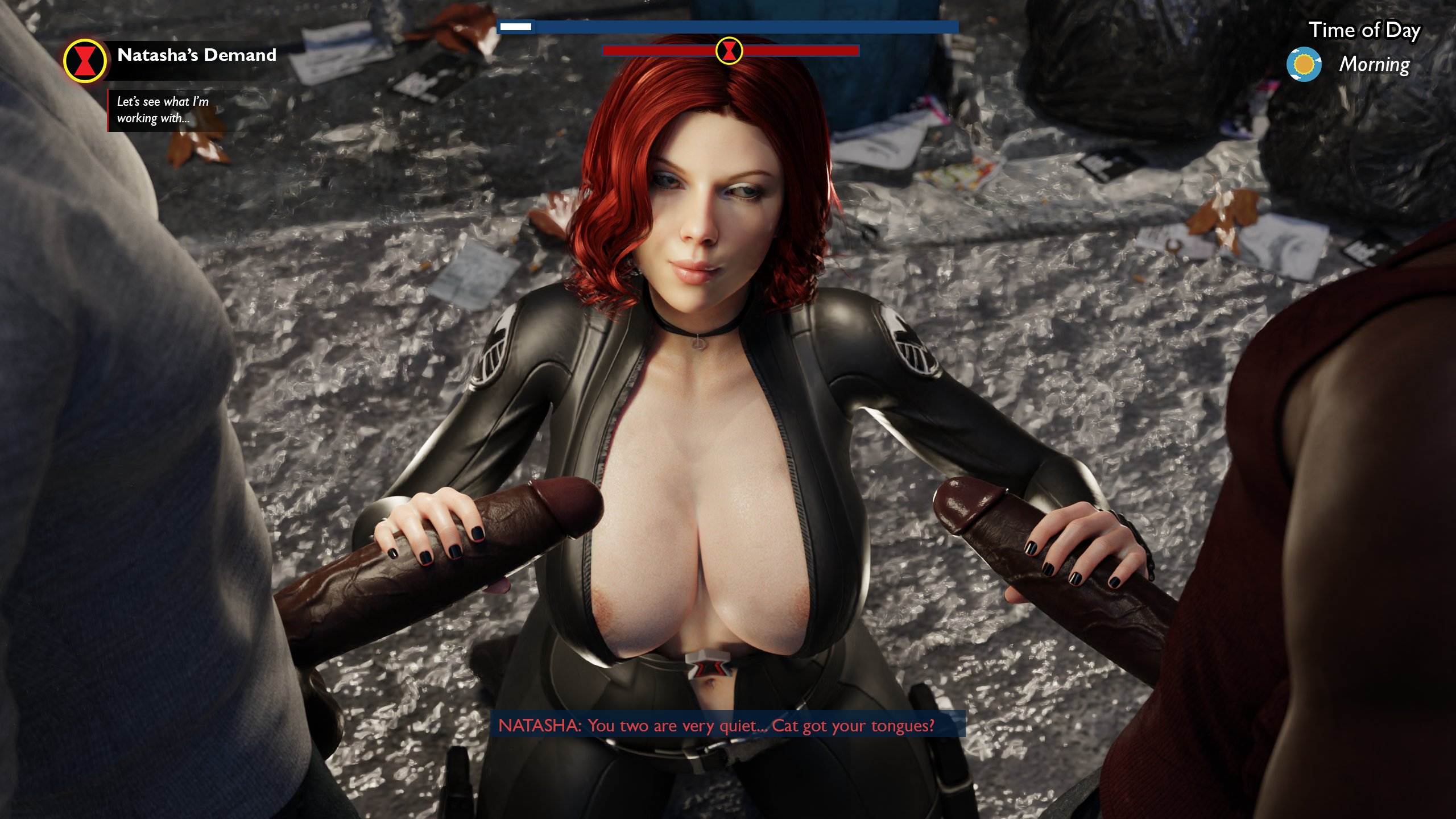 1girls, 2boys, 3d, areolae, areolae slip, avengers, big breasts, black widow (marvel), breasts, busty, dark skin, dark-skinned male, female, female focus, hourglass figure, huge cock, human, human only, interracial, light skin, light-skinned female, male, marvel, marvel cinematic universe, marvel comics, mmf threesome, natasha romanoff, penis, red hair, s.h.i.e.l.d., scarlett johansson, straight, tagme, text, threesome, tscd rendering, unseen male face, unzipped, unzipped bodysuit, wide hips