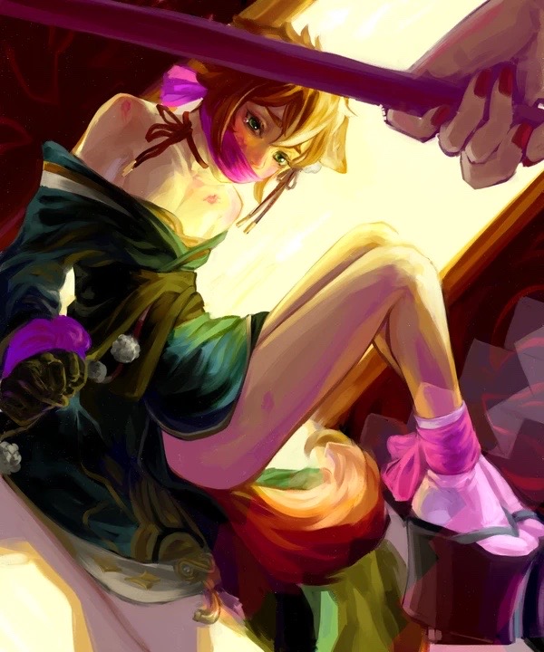 1boy, 1girls, bondage, bottomless, dog ears, dog tail, dominant female, female, femdom, gagged, genshin impact, gorou (genshin impact), hickey marks, lipstick mark, male, male focus, malesub, oveipo, partially clothed, partially undressed, tail, tied up, yae miko