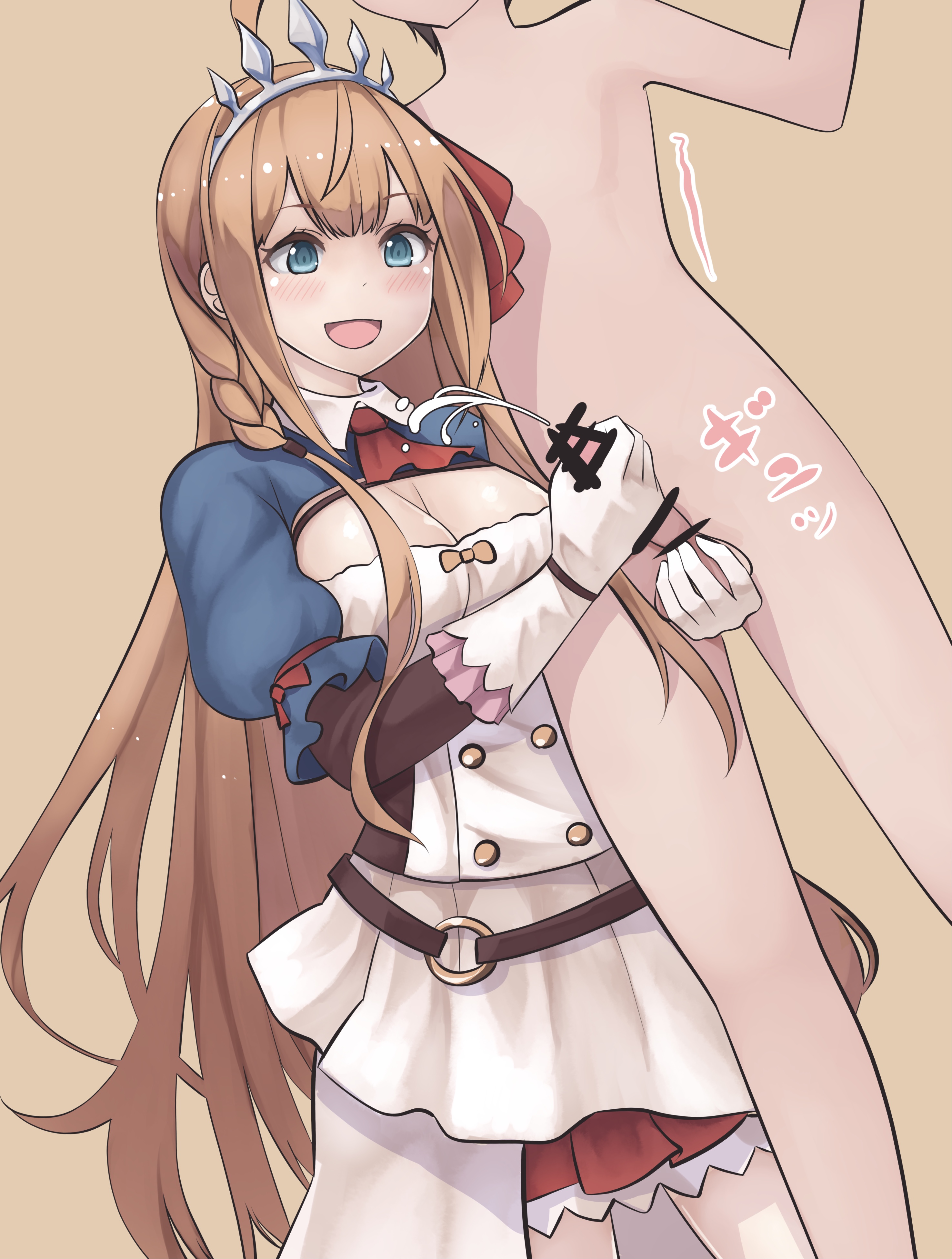 1boy, 1girls, bar censor, big breasts, black hair, blue eyes, breasts, censored, censored penis, clothed female nude male, crown, cum, female, gloved handjob, gloves, handjob, kikiu bd, large breasts, light skin, light-skinned female, light-skinned male, looking at penis, male, nude, nude male, pecorine, penis, princess connect!, princess connect! re:dive, small penis, small penis adoration