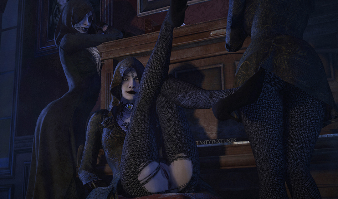 3d, 3girls, bela (resident evil), black hair, cassandra (resident evil), clothed, clothed female, daniela (resident evil), female, female only, partially clothed, partially clothed female, pussy, resident evil, resident evil 8: village, source filmmaker, tastytextures, yellow eyes