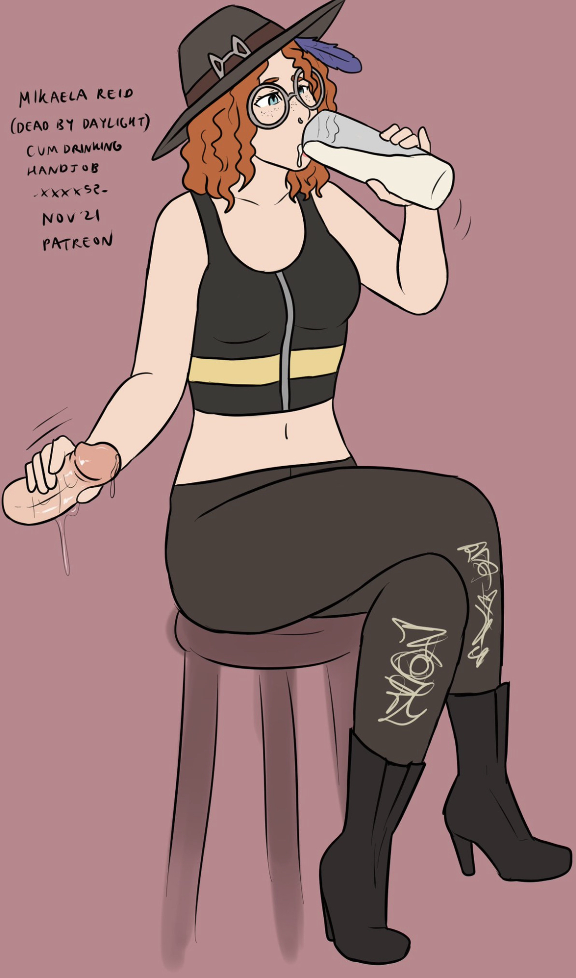 1boy, 1girls, 2021, 2d, cum drinking, dated, dbd, dead by daylight, erect penis, erection, female, glasses, handjob, light skin, light-skinned female, light-skinned male, male, mikaela reid, orange hair, penis, tagme, xxxx52
