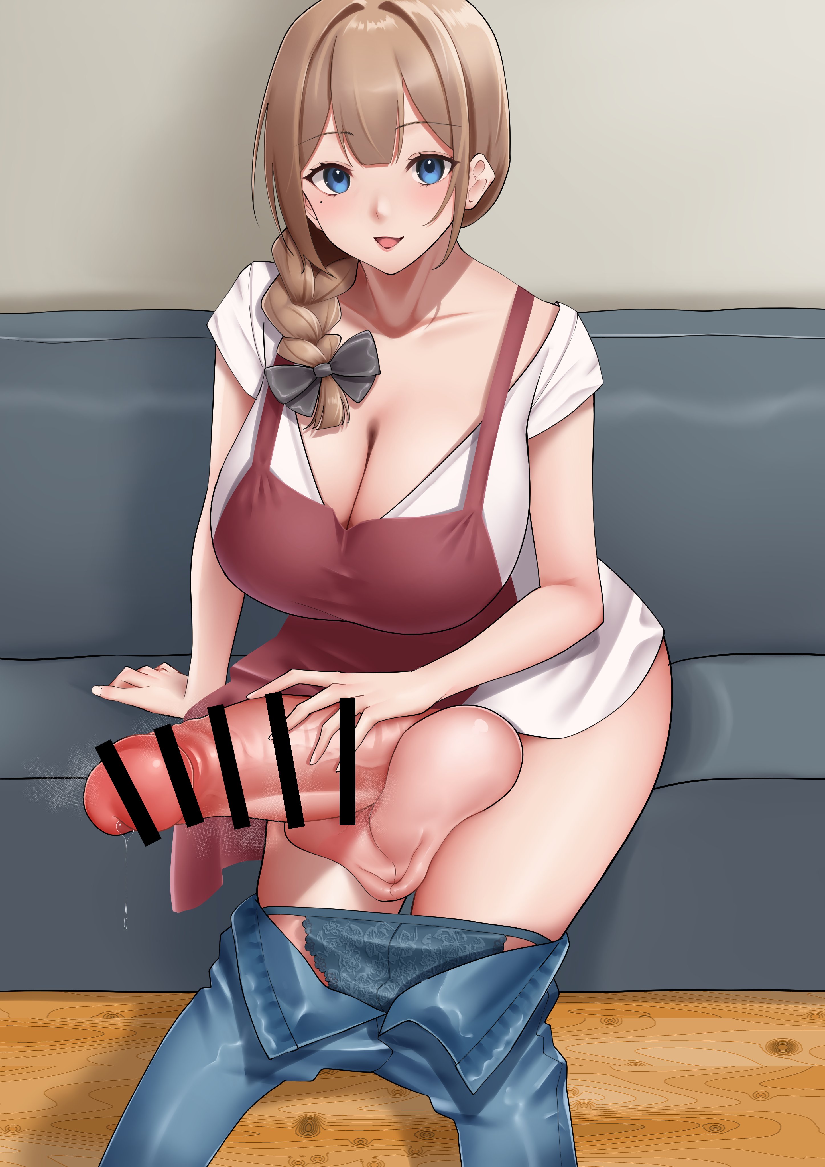 1futa, 2022, balls, balls on leg, balls squish, bar censor, big breasts, blonde hair, blue eyes, breasts, censored, cleavage, clothed, clothing, erection, female, foreskin, futa only, futanari, horny, huge balls, huge breasts, huge cock, human, intersex, knees together feet apart, leaning, leaning forward, light skin, light-skinned futa, long hair, looking at viewer, mature female, milf, mother, panties, panties down, pants down, partially clothed, penis, retracted foreskin, sitting, solo, takuya t, uncircumcised, uncut, wide hips