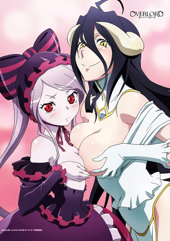 2girls, albedo (overlord), big breasts, blush, breast envy, breast squeeze, breasts, demon, female, horns, looking at viewer, official art, overlord (maruyama), red eyes, shalltear bloodfallen, small breasts, succubus, succubus horns, yellow eyes