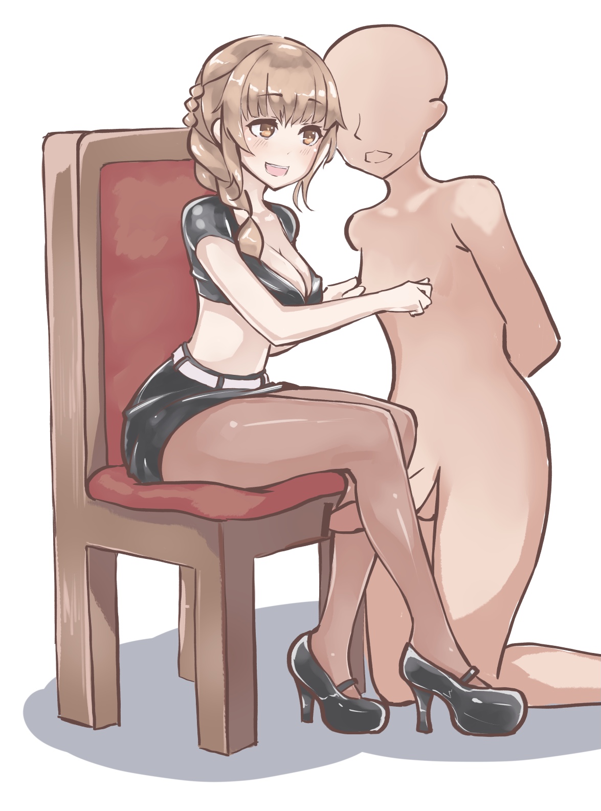 1boy, 1girls, arms behind back, bar censor, black high heels, censored, censored penis, clothed female nude male, eyebrows visible through hair, faceless, faceless male, female, femdom, goblin slayer, guild girl (goblin slayer), high heels, kikiu bd, kneeling, legjob, light skin, light-skinned female, light-skinned male, male, nude, nude male, penis, simple background, thighjob, white background