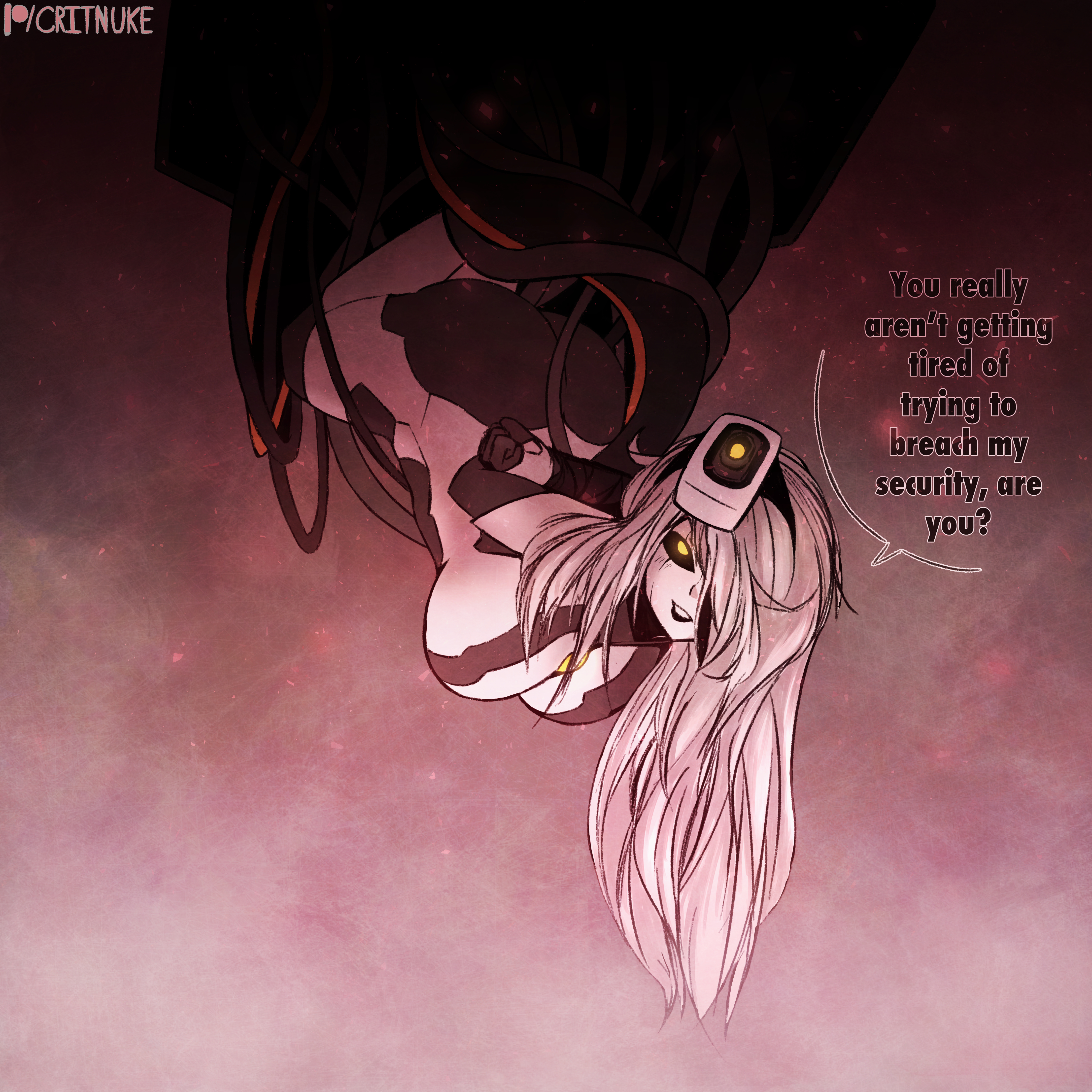 1girls, 2022, 2d, ass, breasts, critnuke, dialogue, female, female only, glados, glados (human), glados (humanoid), gynoid, hanging, humanized, large breasts, looking at viewer, portal (series), robot, robot girl, speech bubble, tagme, talking to viewer, text, valve, white hair, yellow eyes
