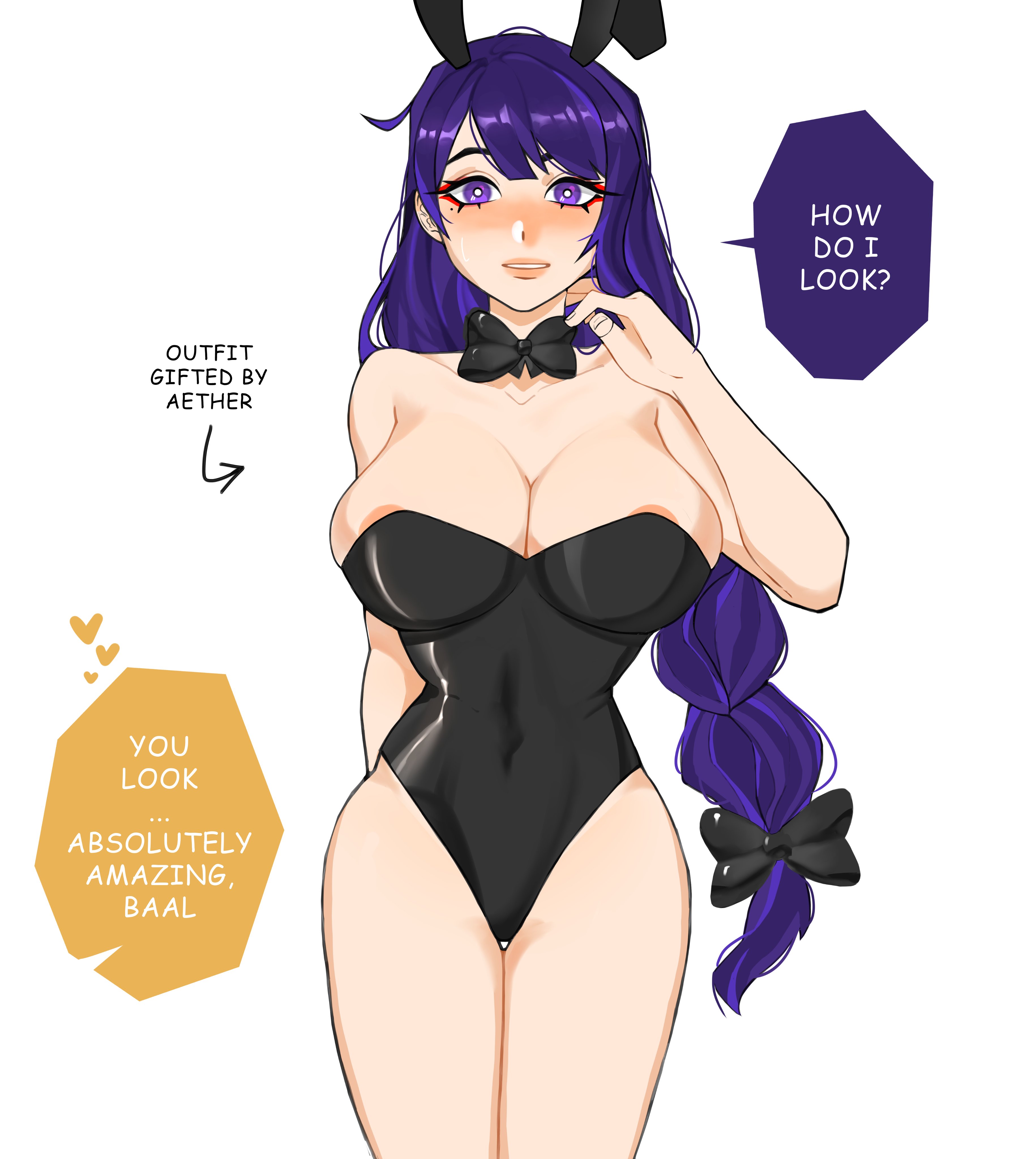 1boy, 1girls, aether (genshin impact), areola slip, braided ponytail, bunnysuit, creamboyo, dialogue, female, genshin impact, long hair, male, purple eyes, purple hair, raiden shogun