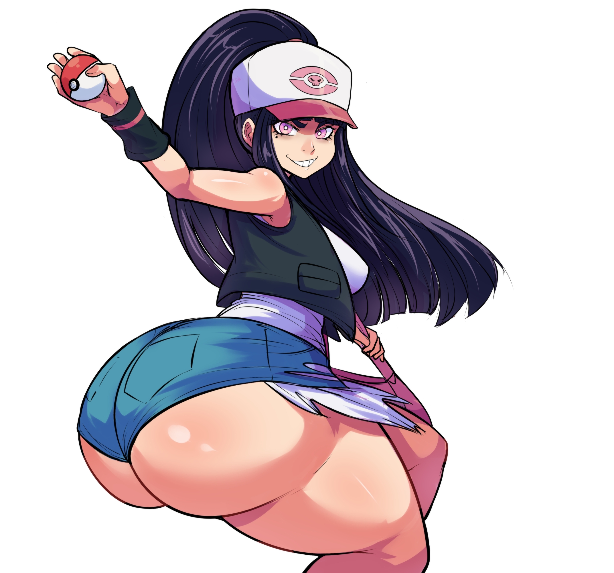1girls, ass, ass focus, ass hanging out, ass hanging out of shorts, back, back view, beauty mark, big ass, booty shorts, bottom heavy, bubble butt, cosplay, edit, fat ass, female, female only, grin, hat, hilda (pokemon), hilda (pokemon) (cosplay), hime cut, holding object, huge ass, jean shorts, koffin, long hair, long ponytail, massive ass, mole under eye, nintendo, original, original character, pinkkoffin, pokeball, pokemon, pokemon bw, pokemon trainer, ponytail, purple eyes, purple hair, round ass, short shorts, shorts, simple background, smelly ass, thick thighs, thighs, white hat, wide hips